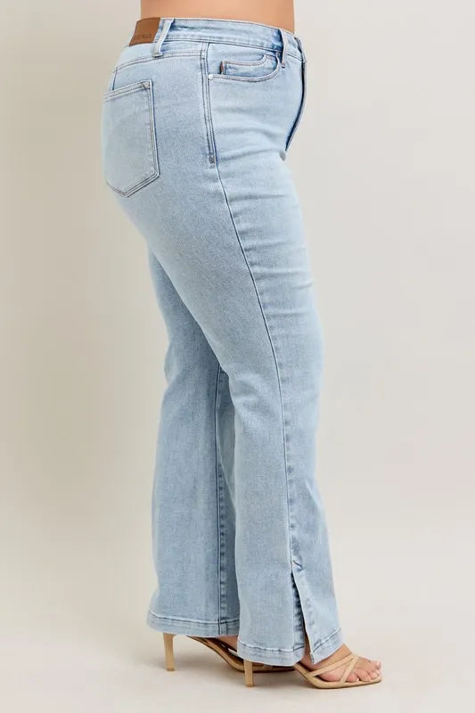 Judy Blue Full Size Tummy Control Vintage Wash Side Slit Slim Boot Jeans Plus Size Judy Blue Denim