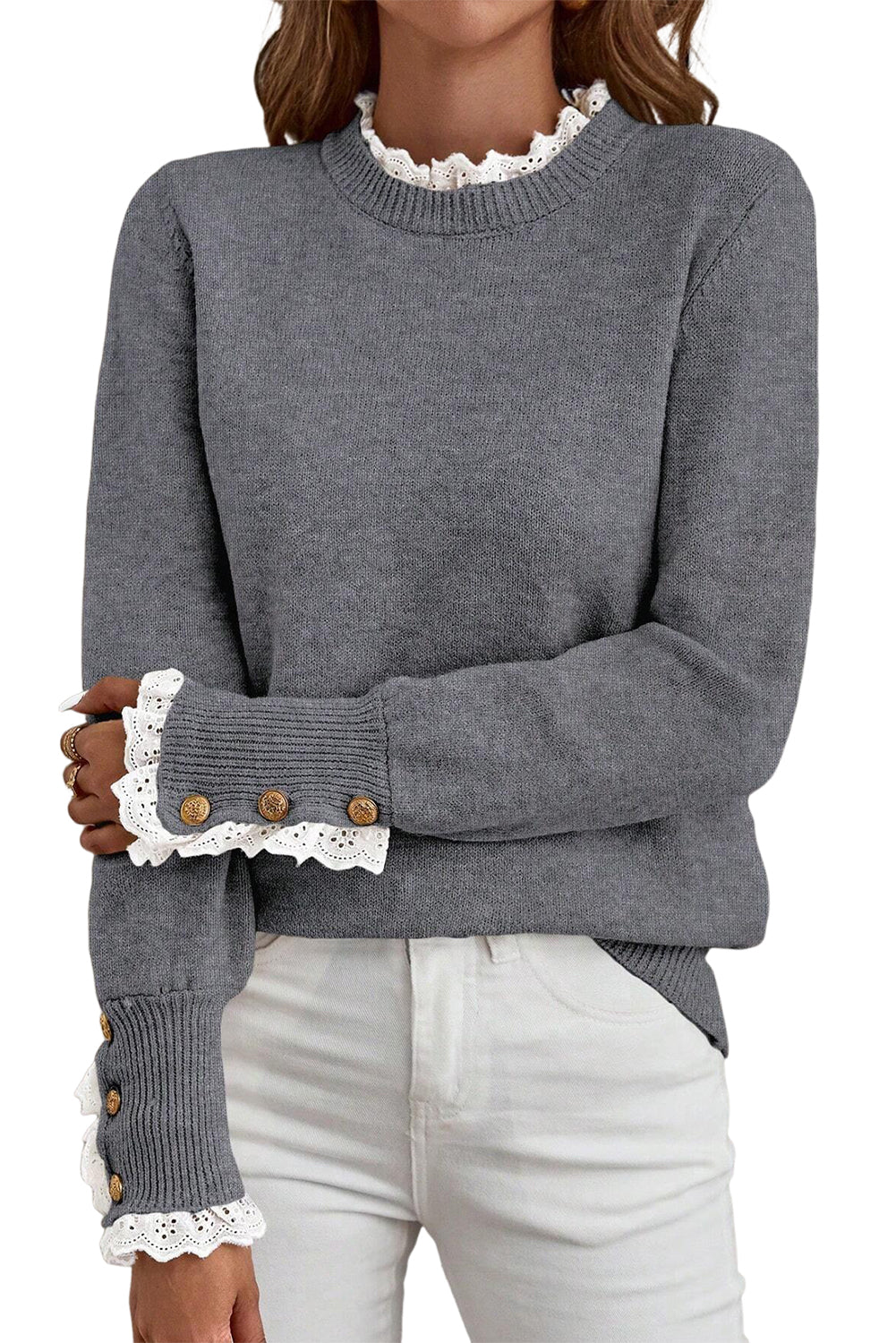 Sleet Lace Trim  Buttoned Cuffs Sweater