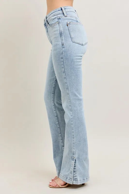 Judy Blue Full Size Tummy Control Vintage Wash Side Slit Slim Boot Jeans Plus Size Judy Blue Denim
