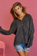 BIBI TEXTURED KNIT HOODIE WITH BUTTONED PLACKET Long Sleeve Top