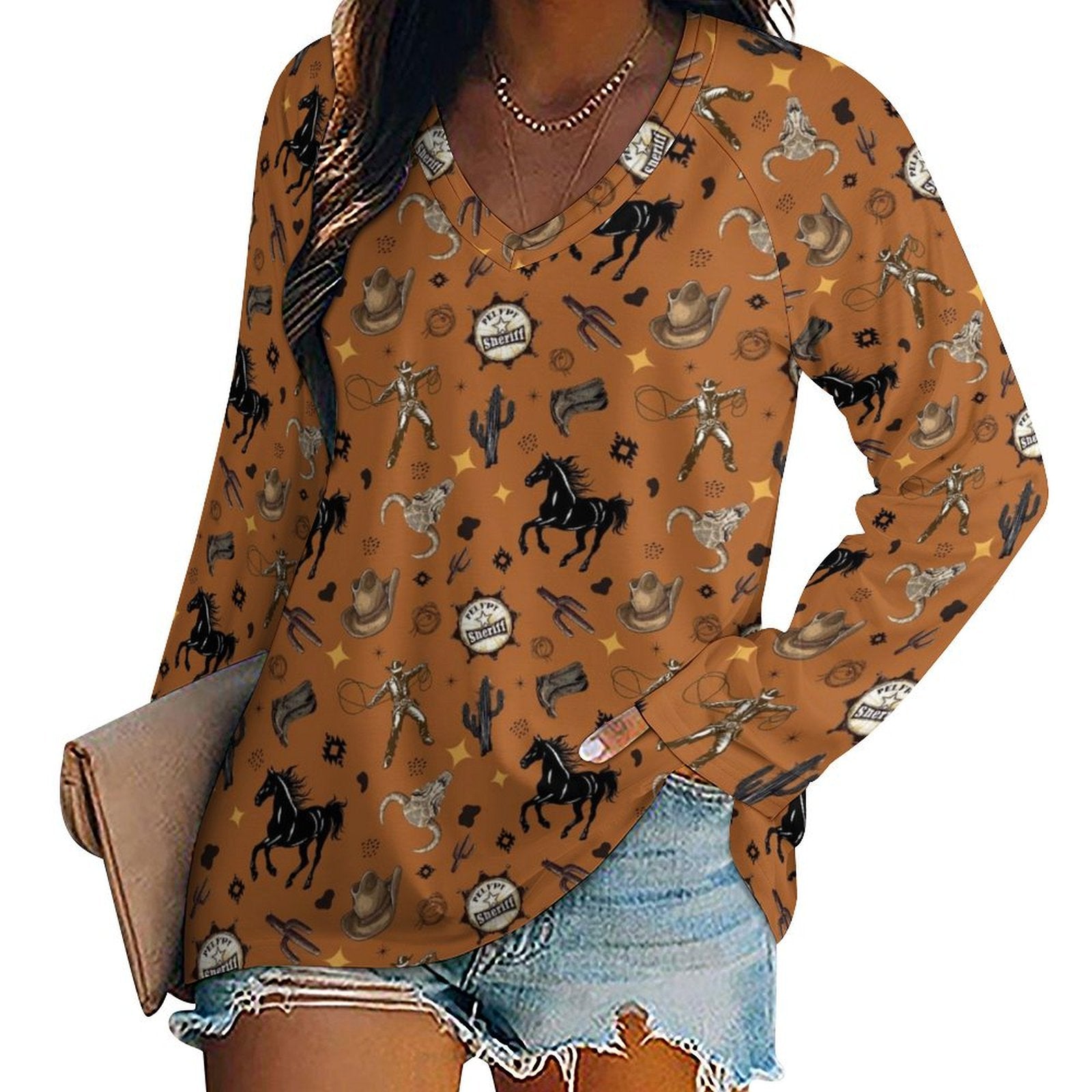 WESTERN PRINT LONG SLEEVE TOP Fashion Top