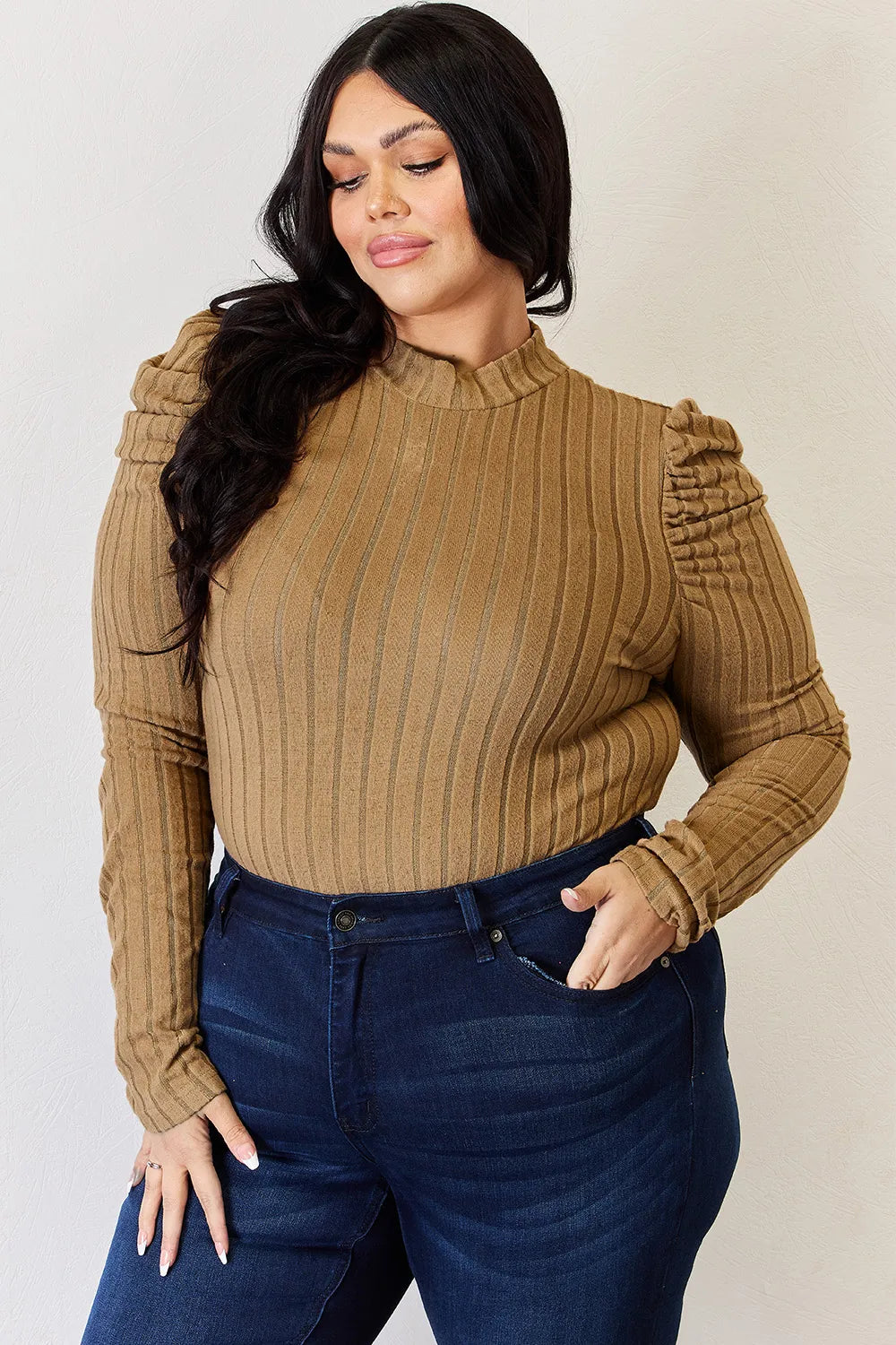 BASIC BAE RIBBED MOCK NECK PUFF SLEEVE T-SHIRT TOP