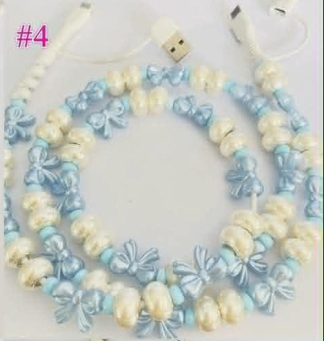 phone or equipment charger 4 in 1 rapid charger, blue and white pearl bows.