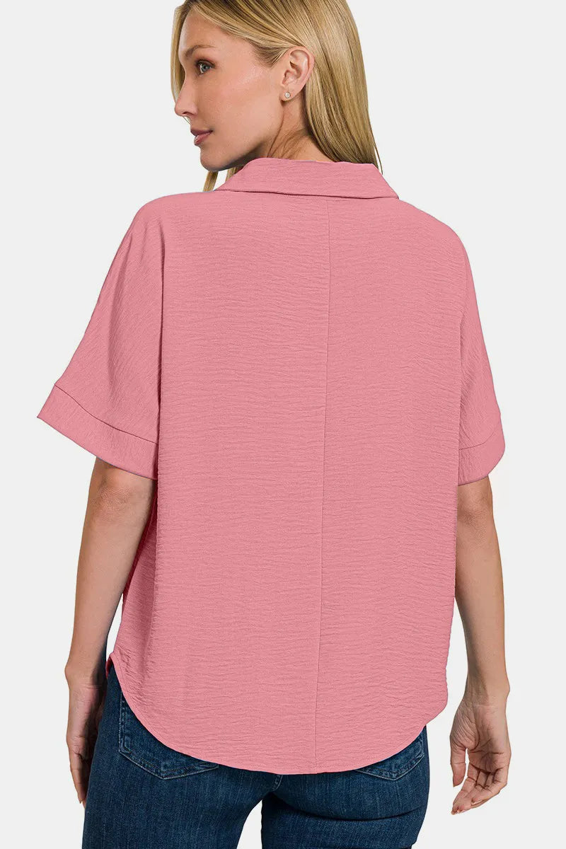 Zenana Texture Collared Neck Short Sleeve Top Clothing