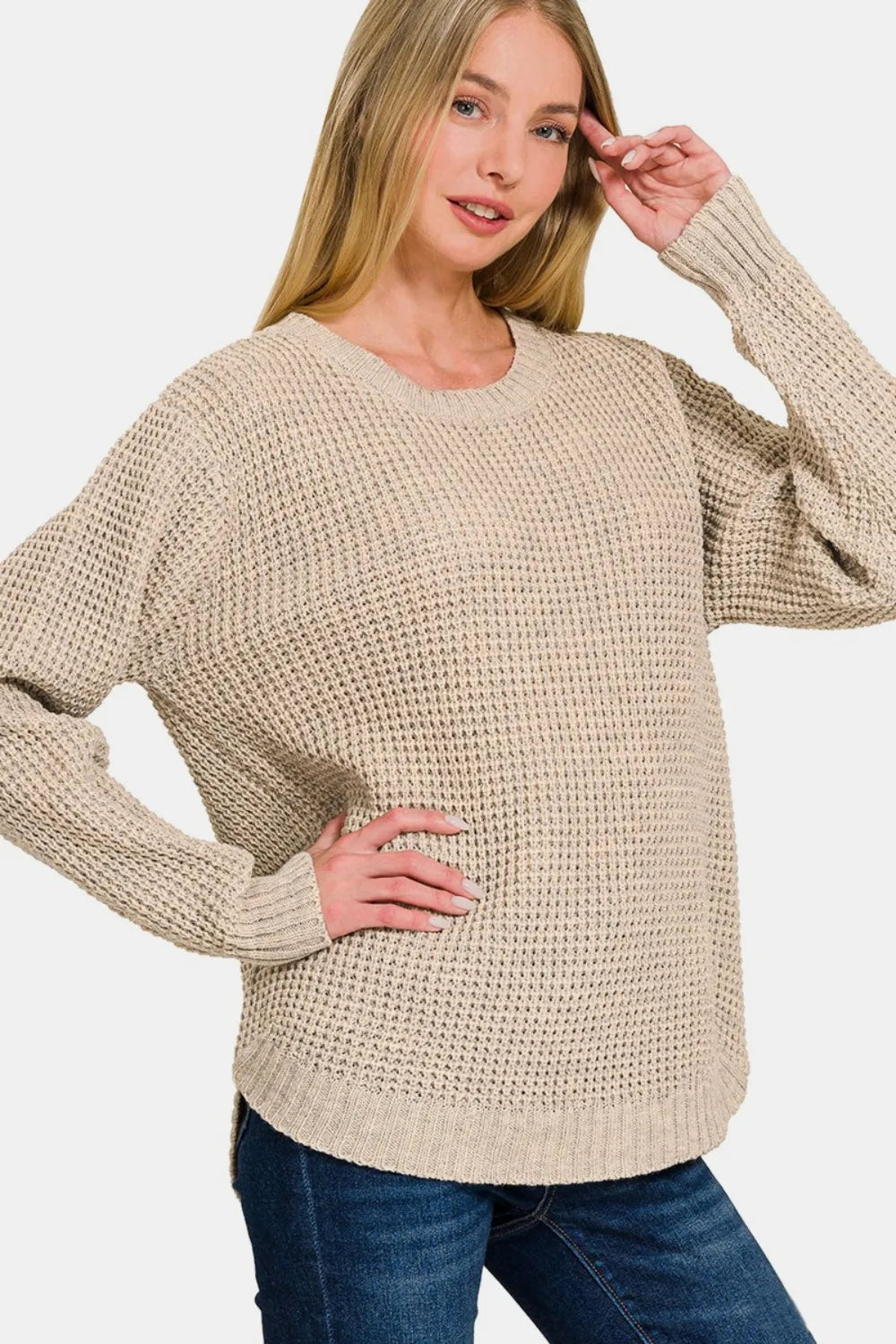ZENANA HIGH/LOW LONG SLEEVE WAFFLE SWEATER Sweaters