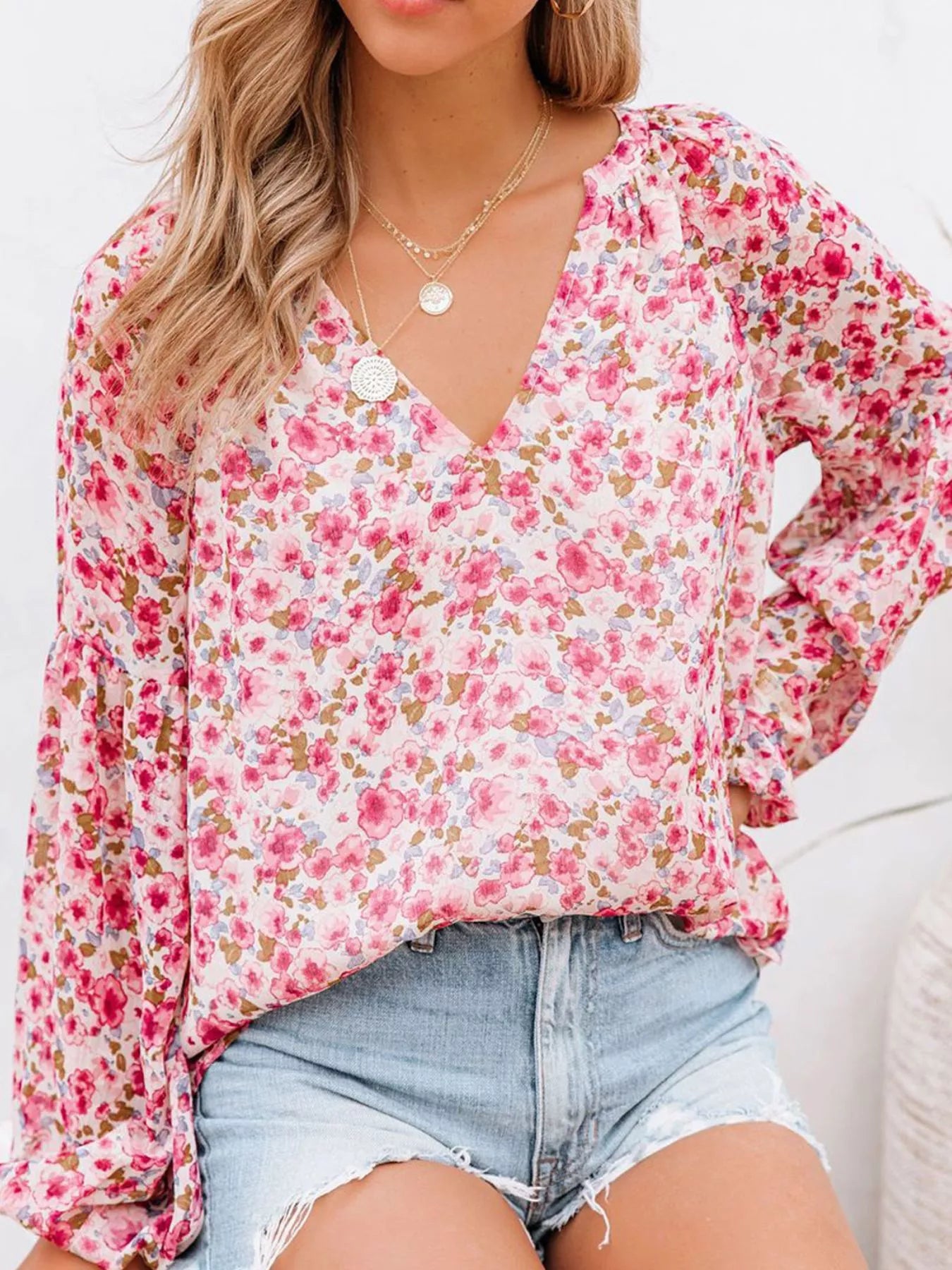 Full Size Floral Print V-Neck Long Sleeve Blouse Plus Size