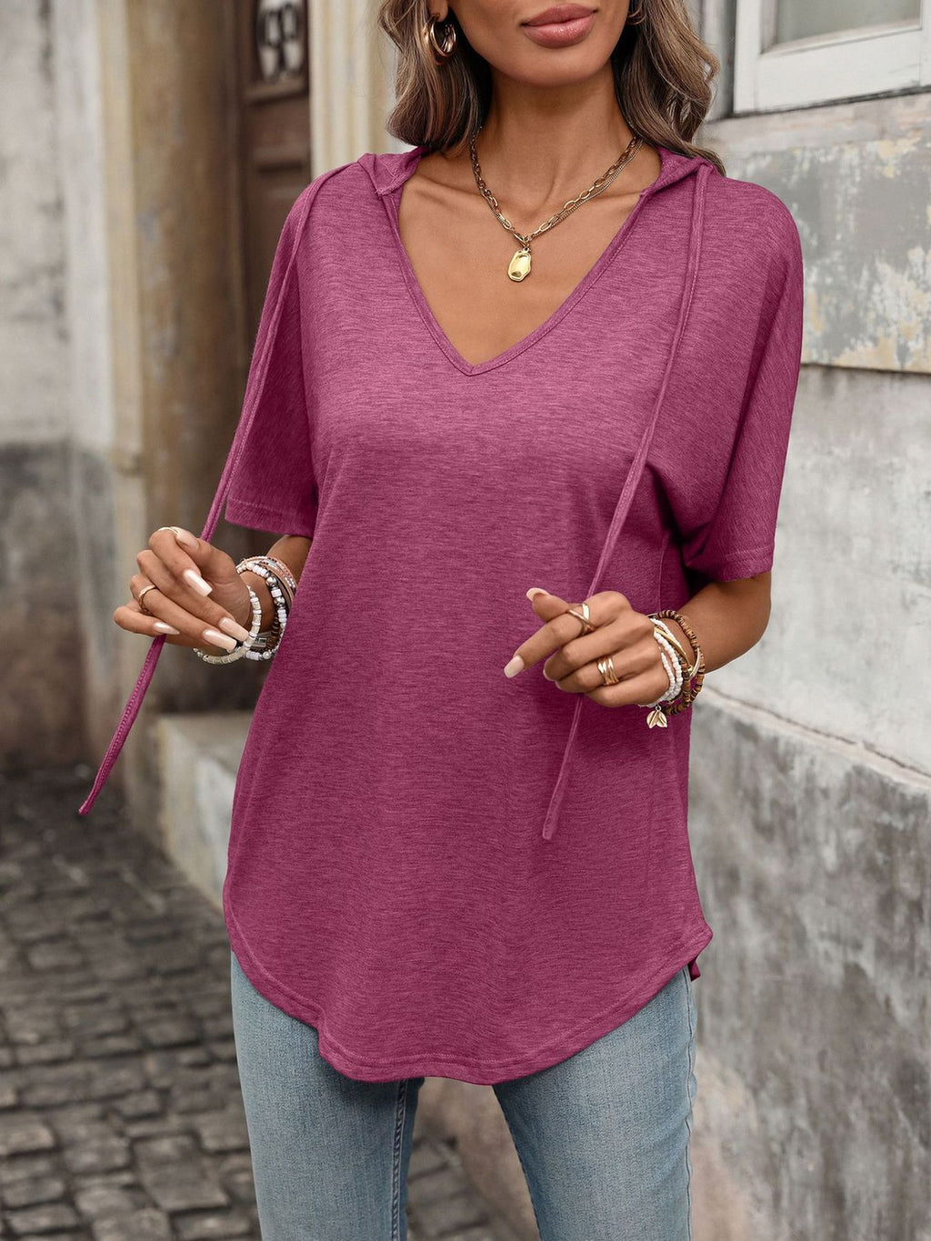 CASUAL SHORT SLEEVE HOODED T-SHIRT Tops