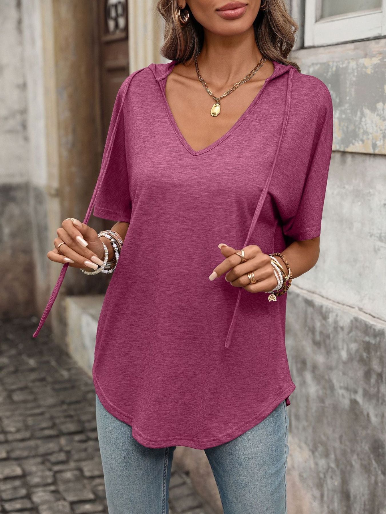CASUAL SHORT SLEEVE HOODED T-SHIRT Tops