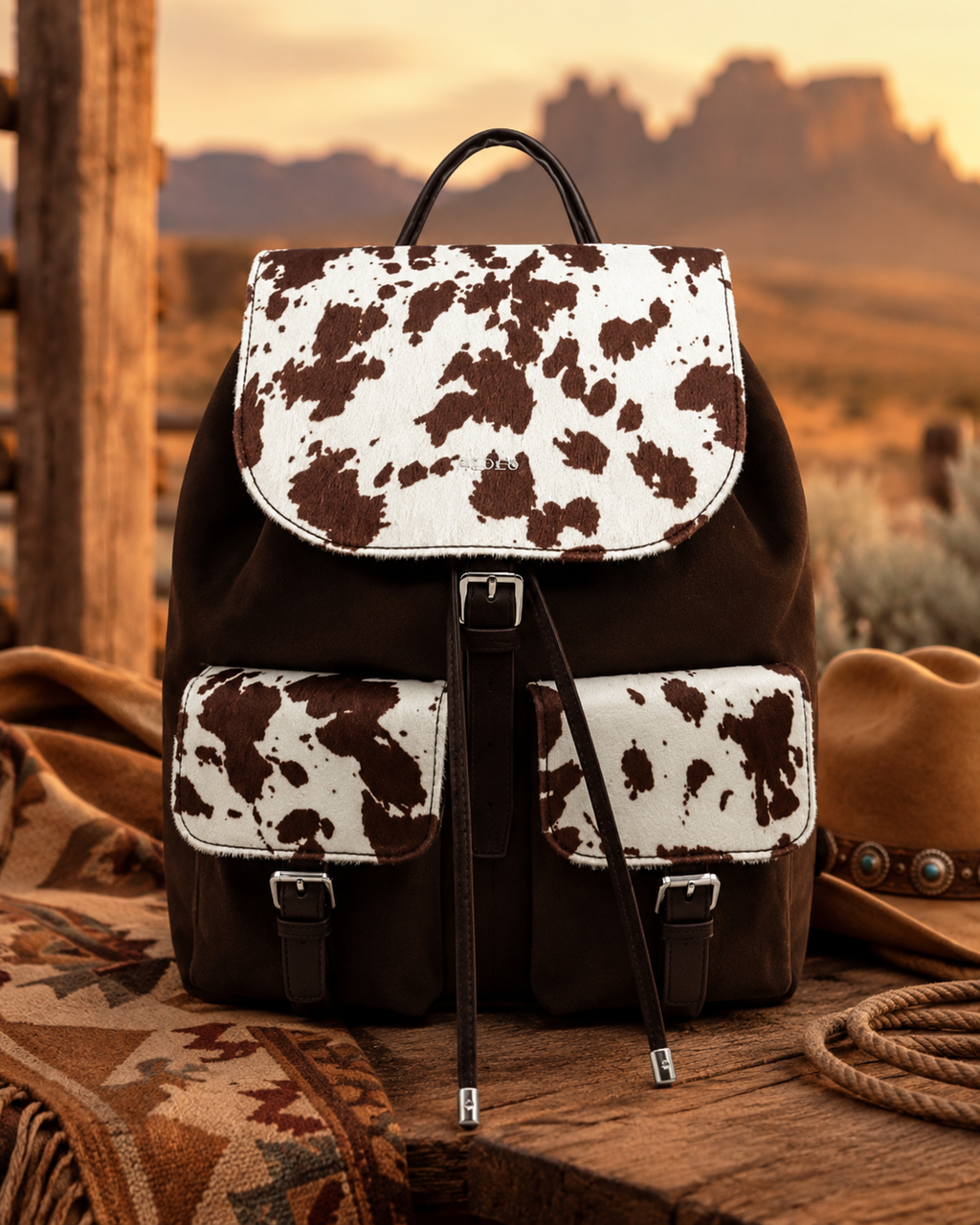 A brown and white cow-print backpack styled on a rustic wooden table with a cowboy hat, rope, and blanket, set against a desert landscape background at sunset.