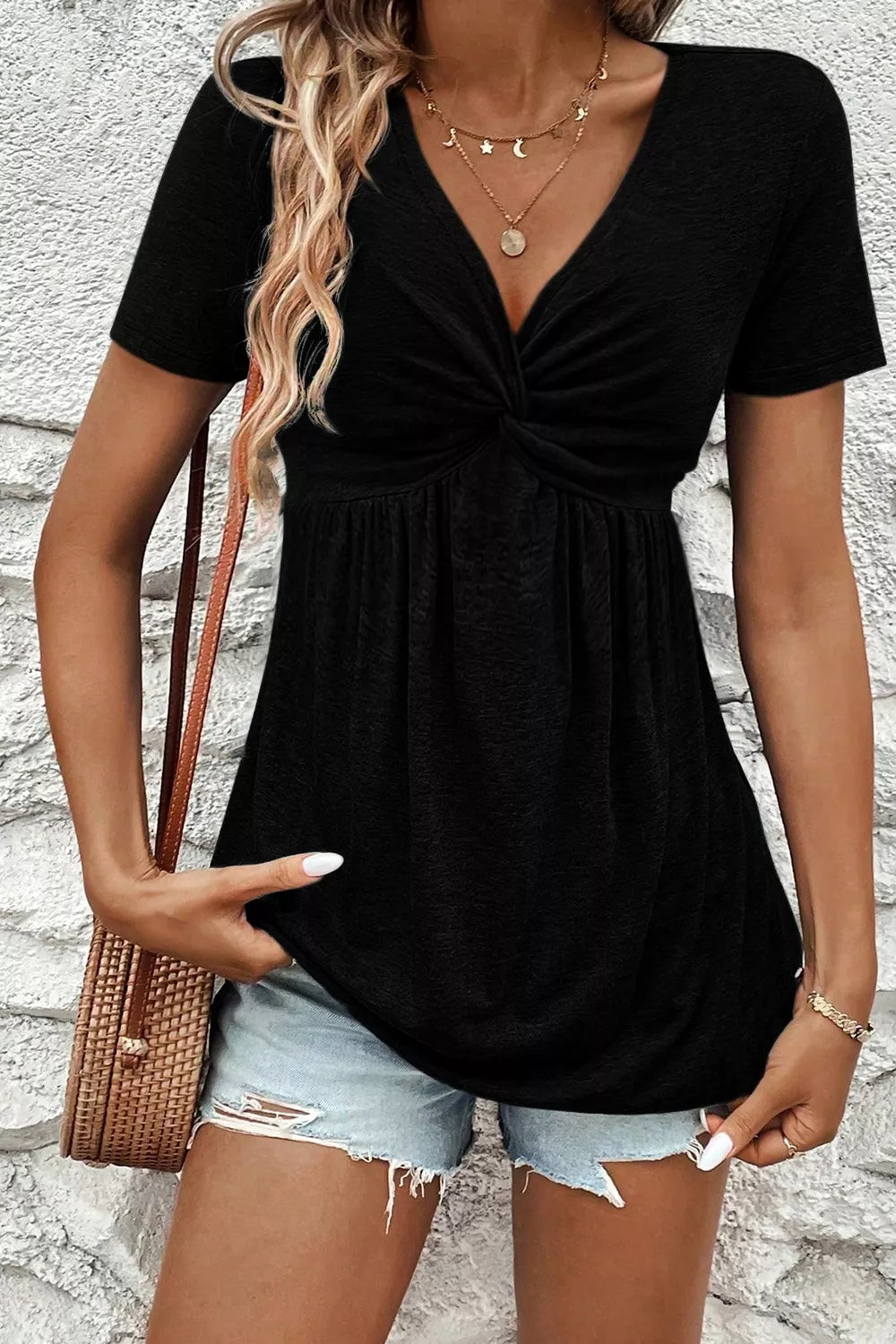 Twist Front V-Neck Short Sleeve Casual Blouse