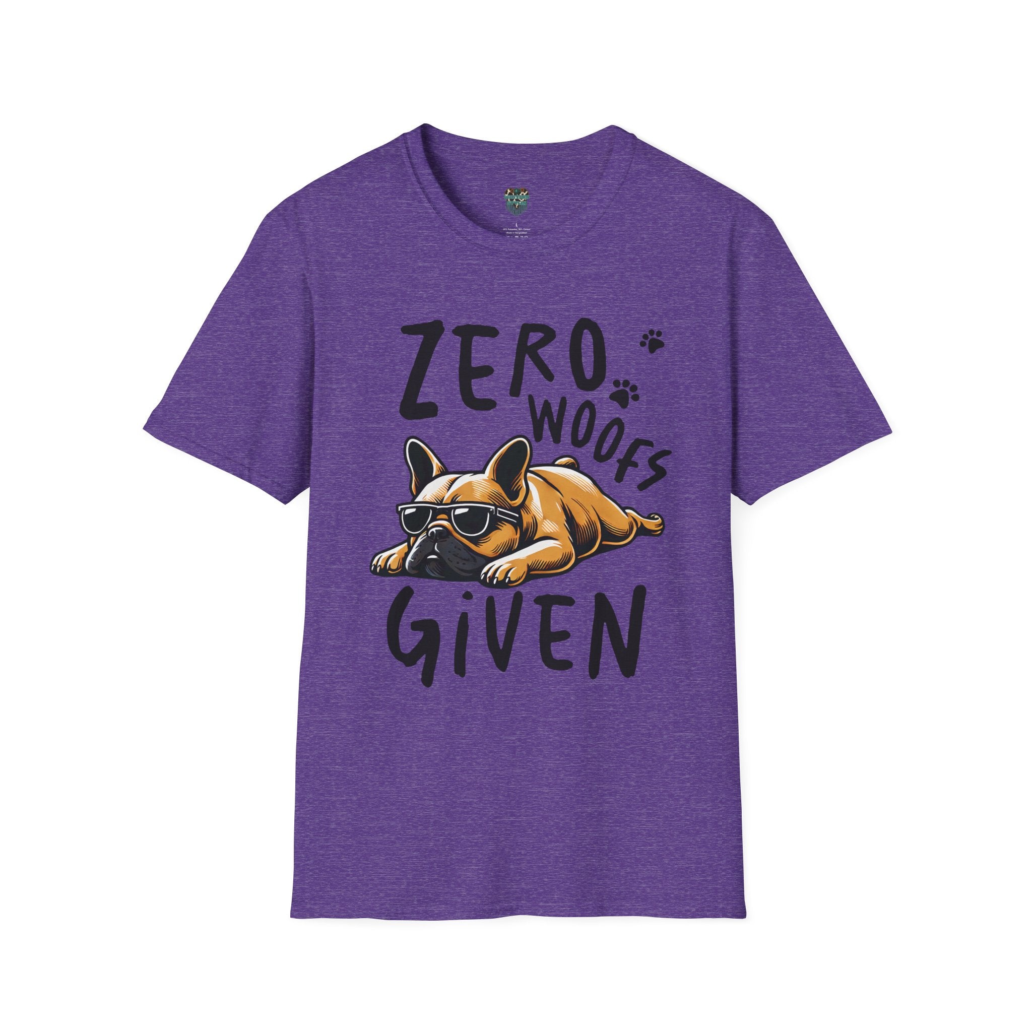 Purple t-shirt with a dog graphic and text 'Zero Woofs Given' on a white background