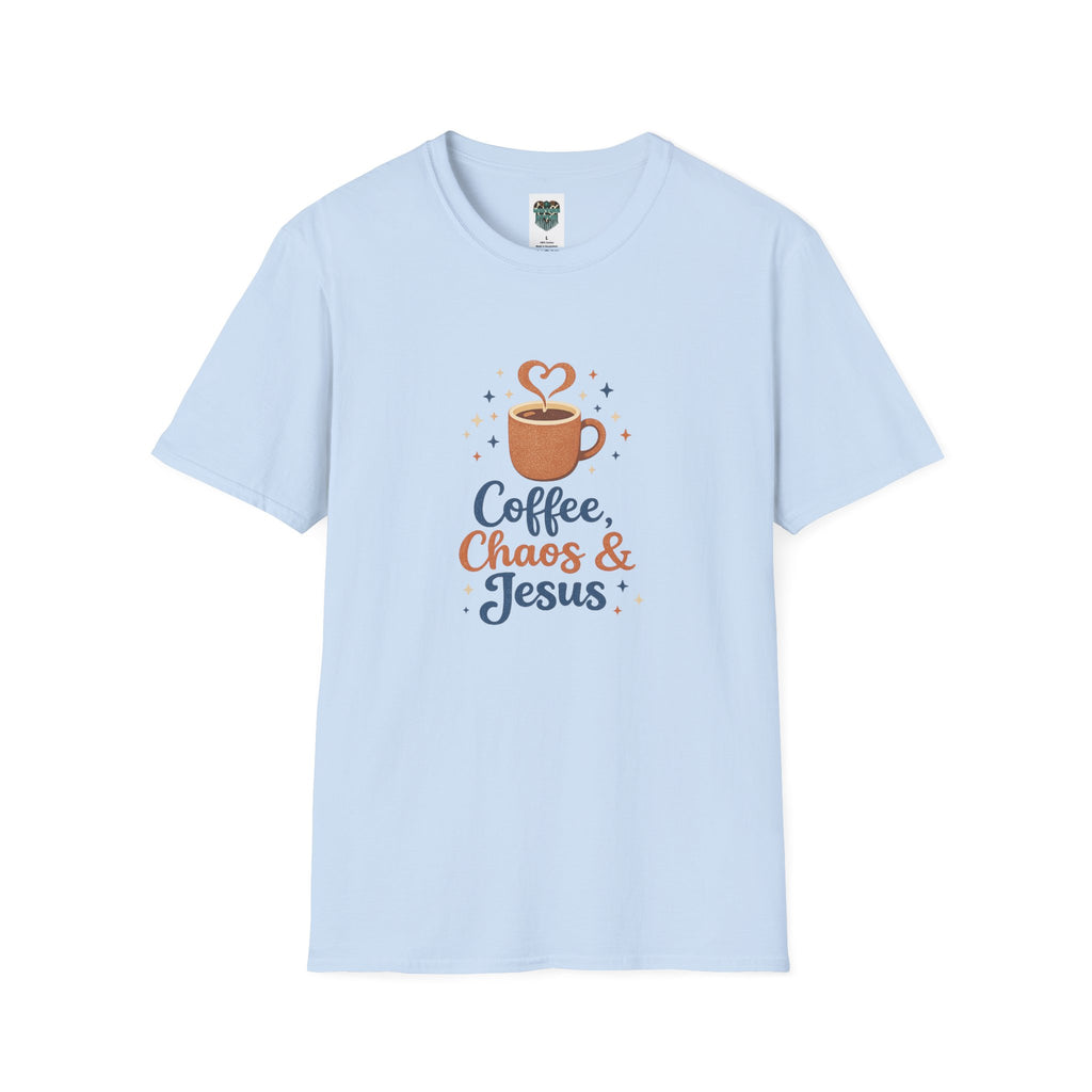 A light blue short-sleeve crewneck t-shirt featuring a graphic on the chest with a coffee cup, a heart-shaped steam swirl, and the text 'Coffee, Chaos & Jesus' in navy and orange lettering.
