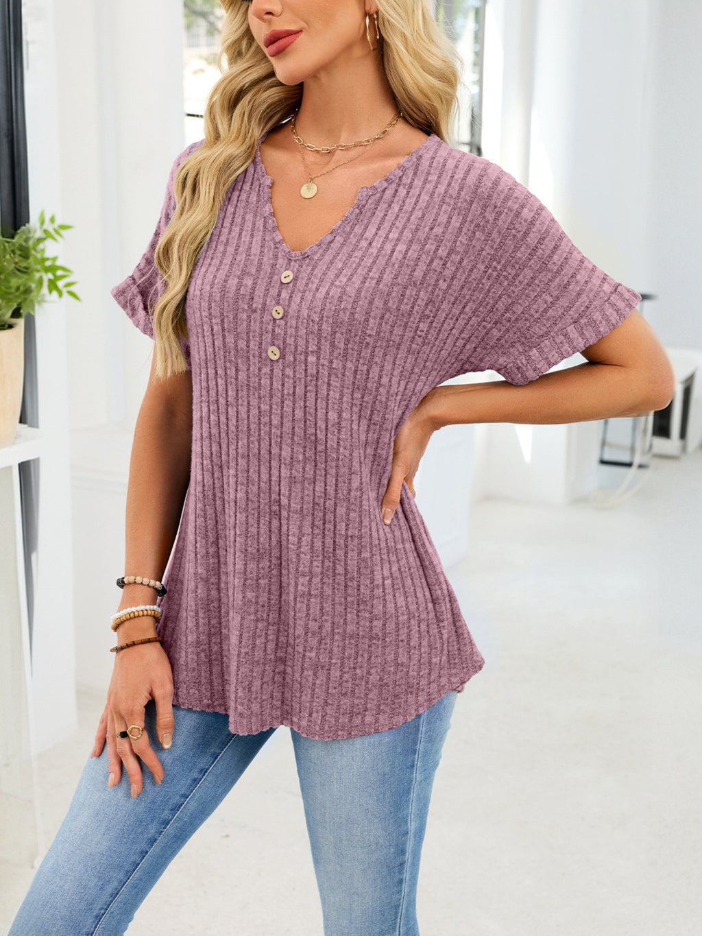 RIBBED KNIT SHORT SLEEVE T-SHIRT TOP