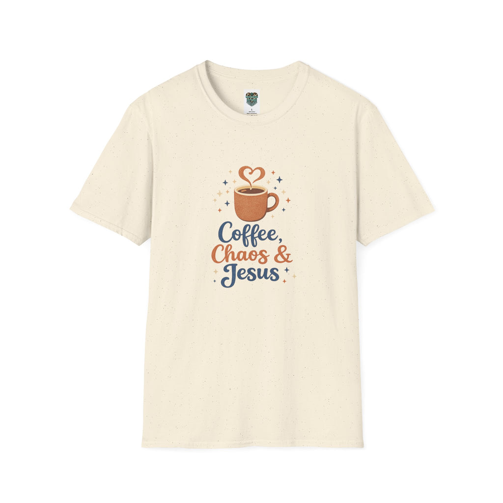 An off-white short-sleeve crewneck t-shirt featuring a graphic print of a coffee cup with a heart-shaped steam and the text 'Coffee, Chaos & Jesus' in blue and orange lettering.