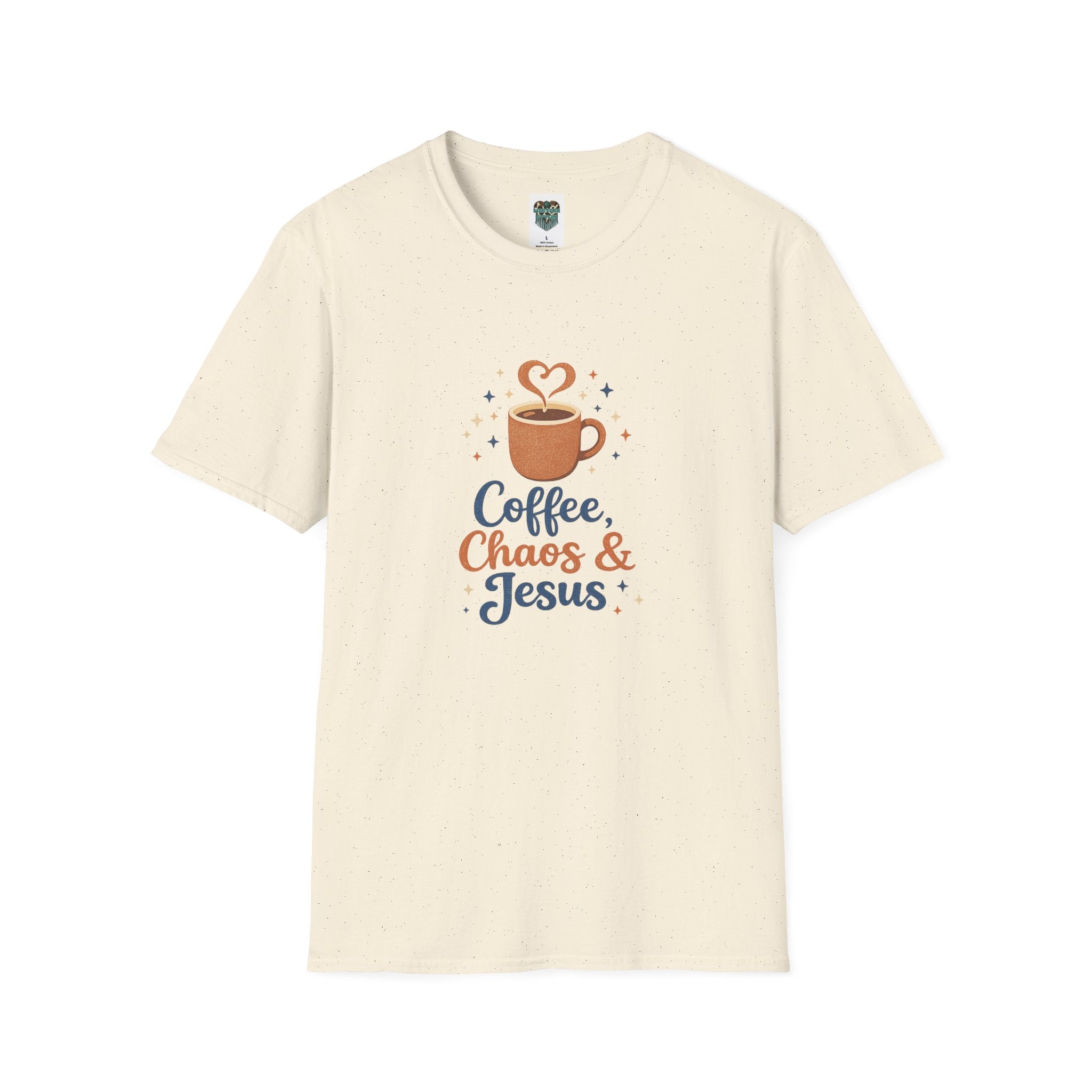 An off-white short-sleeve crewneck t-shirt featuring a graphic print of a coffee cup with a heart-shaped steam and the text 'Coffee, Chaos & Jesus' in blue and orange lettering.