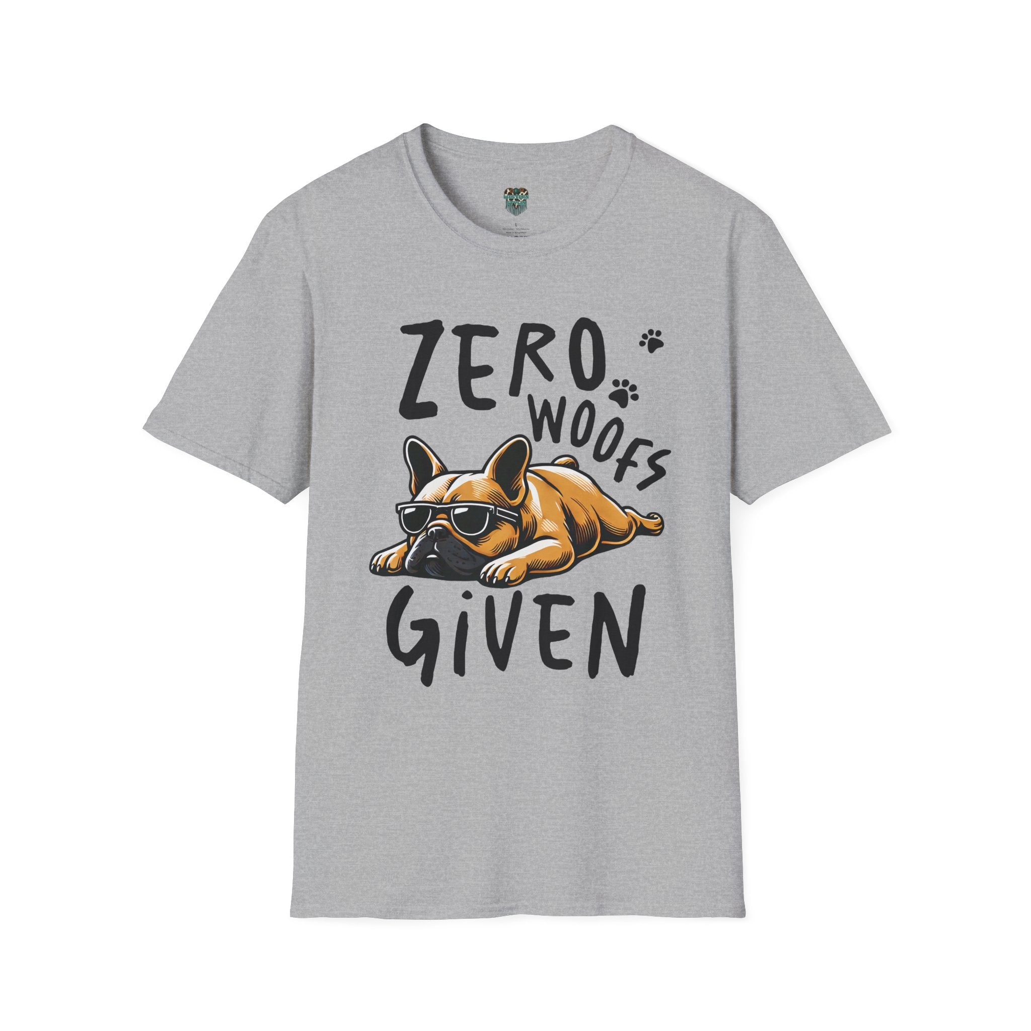 Gray t-shirt with a dog graphic and text 'Zero Woofs Given' on a white background