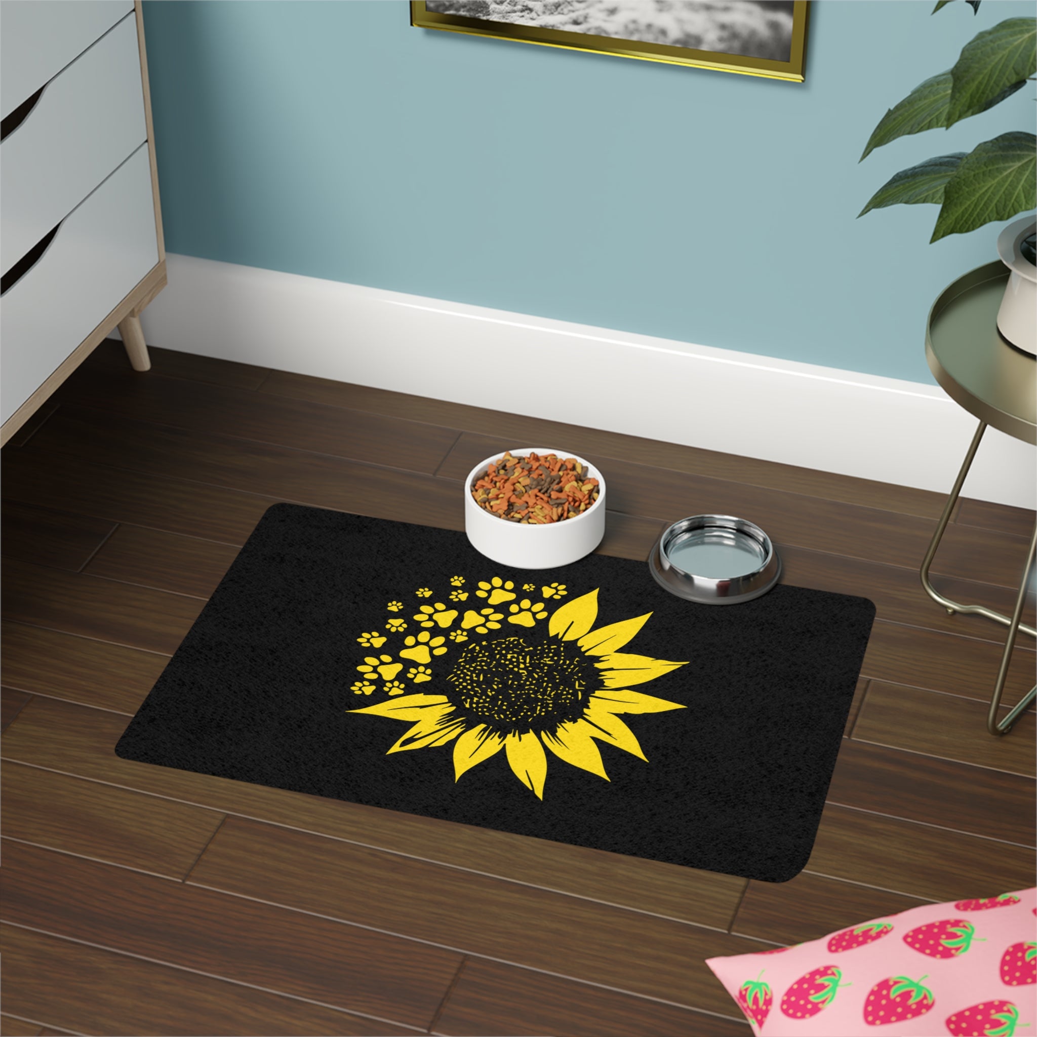 SUNFLOWER PAW PRINT PET FOOD MAT - NON SLIP 12X18" FEEDING MAT Pets