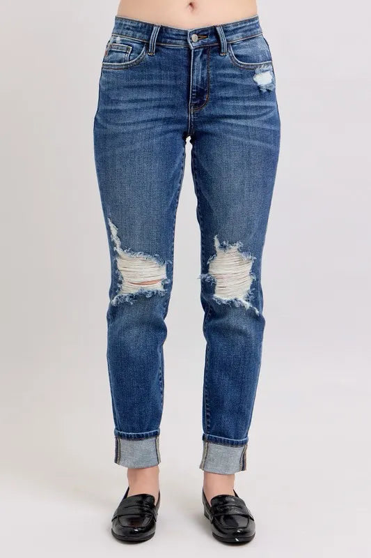 Judy Blue Full Size Mid Rise Boyfriend destroy Jeans with Yoke Pockets and Faux Selvedge Cuff Plus Size