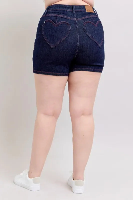 Judy Blue Plus Size HW Heart Shaped Pkts & Red Contrast Thread Denim Shorts
