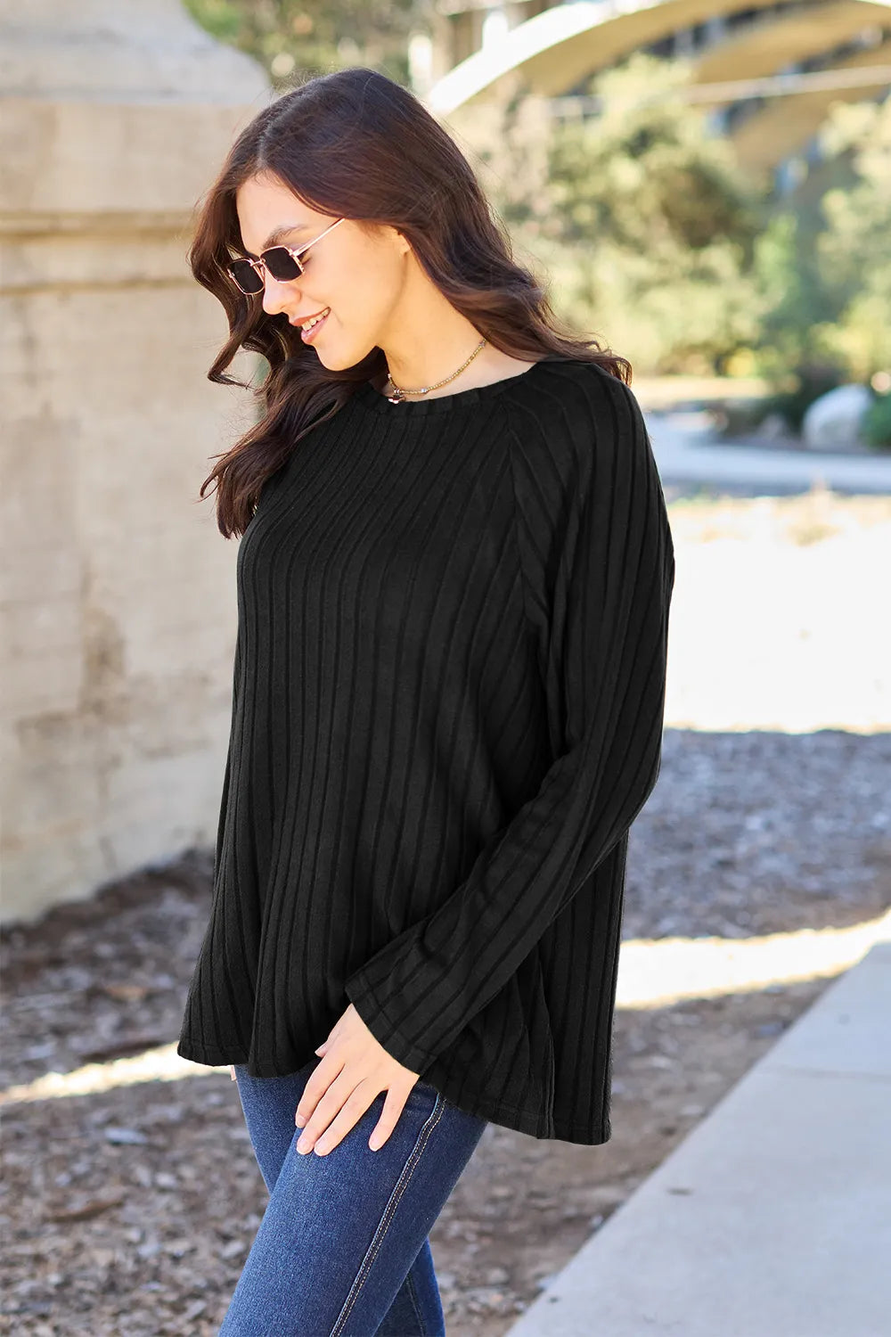 BASIC BAE RIBBED ROUND NECK LONG SLEEVE KNIT TOP Long Sleeve Top