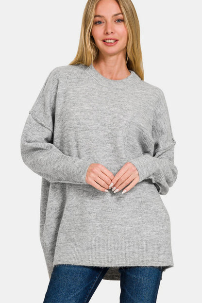 Zenana High-Low Hem Drop Shoulder Sweater