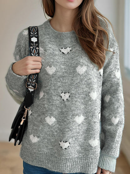 Heart Round Neck Long Sleeve Sweater