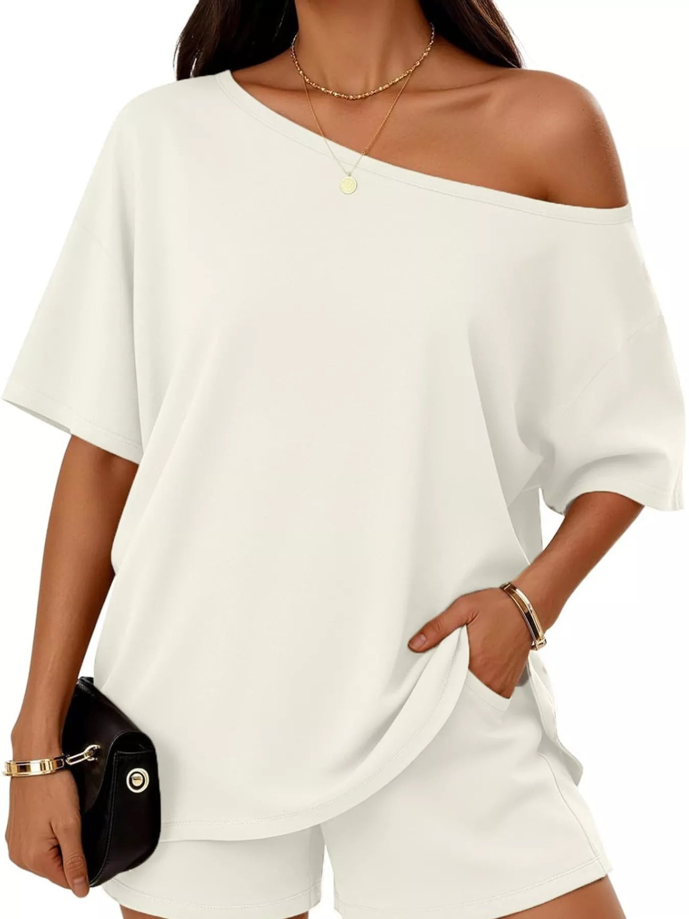 Full Size Boat Neck Tee and Shorts Set Plus Size