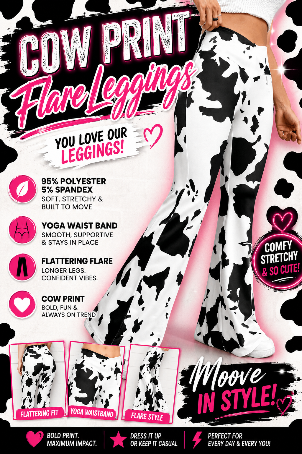 WOMEN'S COW PRINT FLARE LEGGINGS | YOGA WAIST BAND WESTERN PANTS LEGGINGS