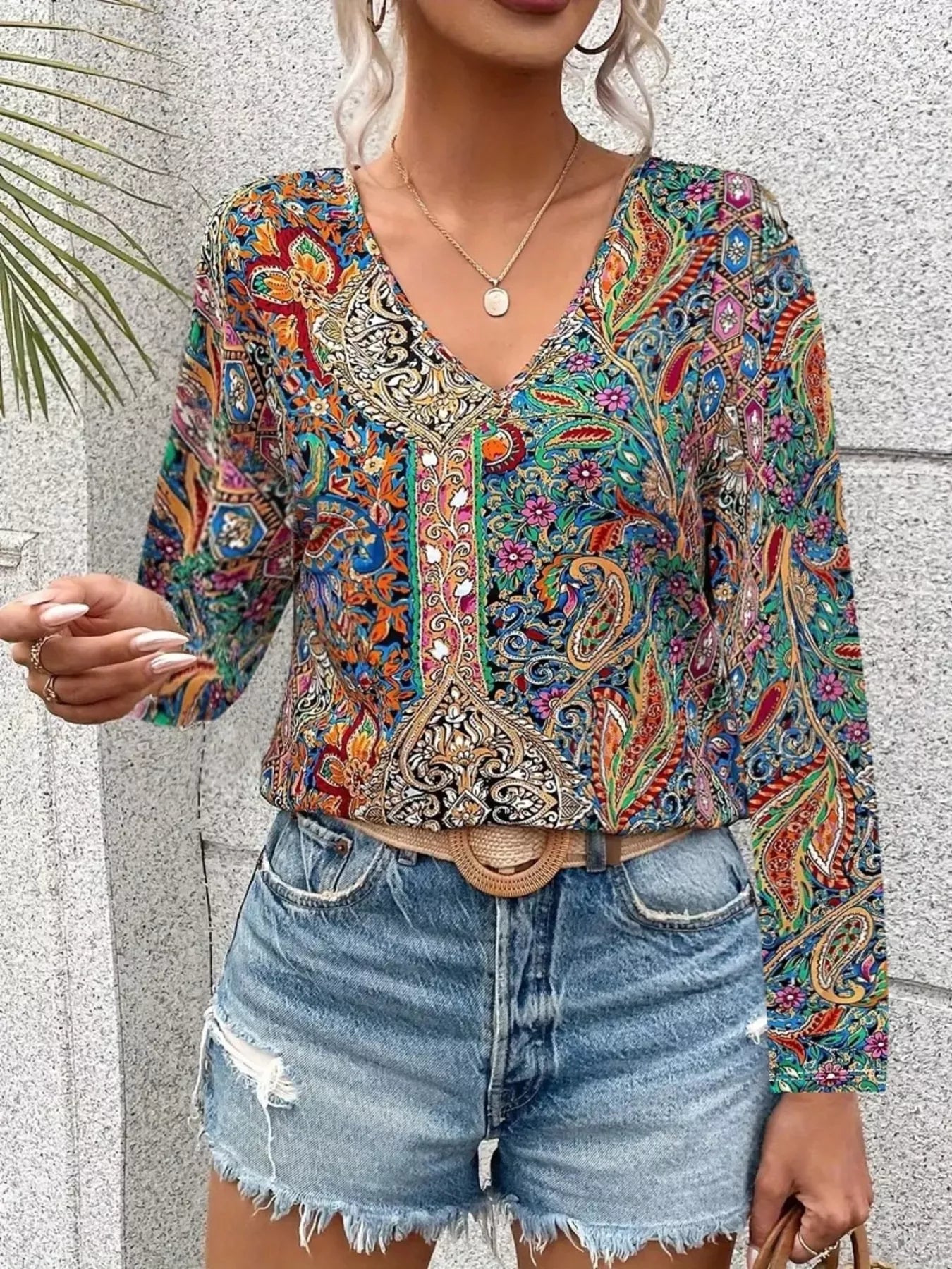 PAISLEY PRINT V-NECK LONG SLEEVE BLOUSE Tops
