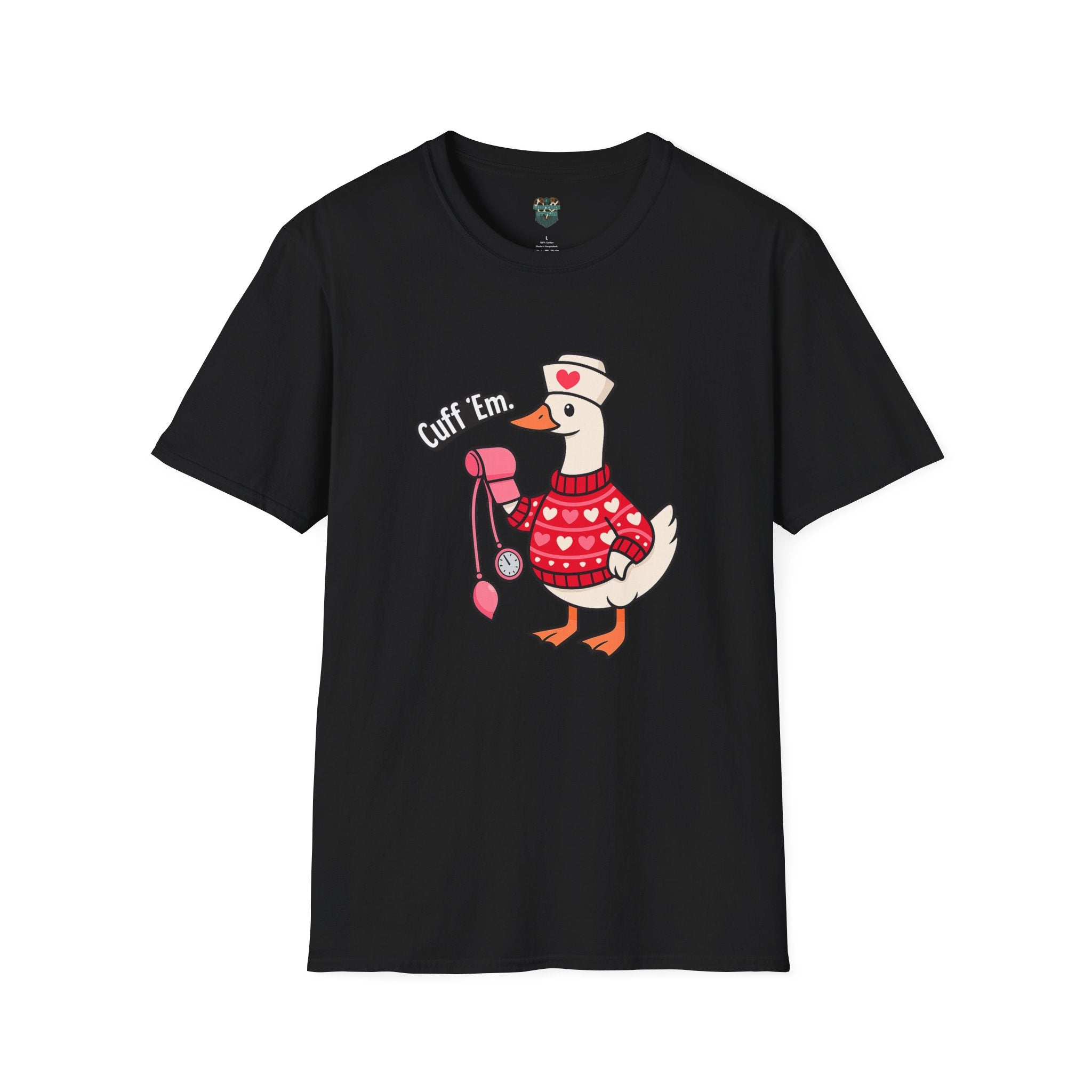 Black t-shirt with a cartoon duck in a sweater and hat design on a white background