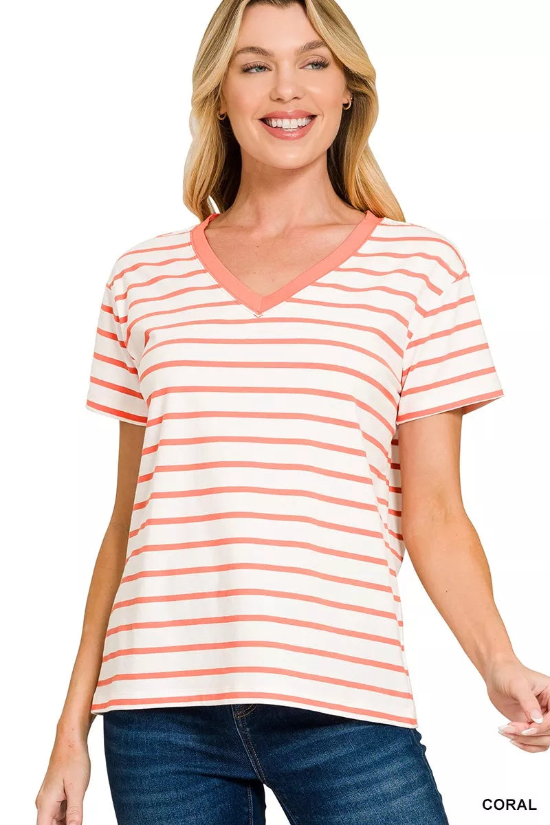 ZENANA STRIPED V-NECK SHORT SLEEVE TEE Short Sleeve Top
