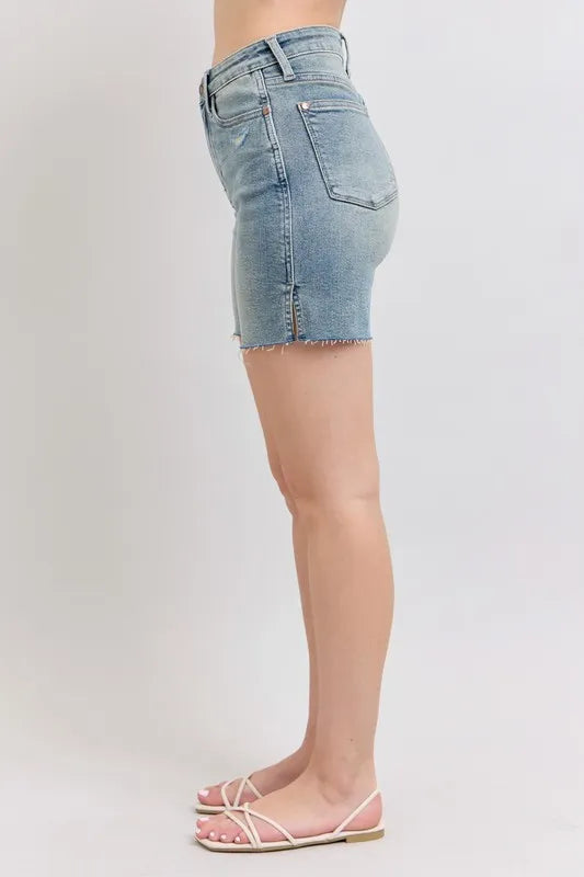 Judy Blue Full Size High Waist Vintage Wash Side Slit Denim Shorts Plus Size