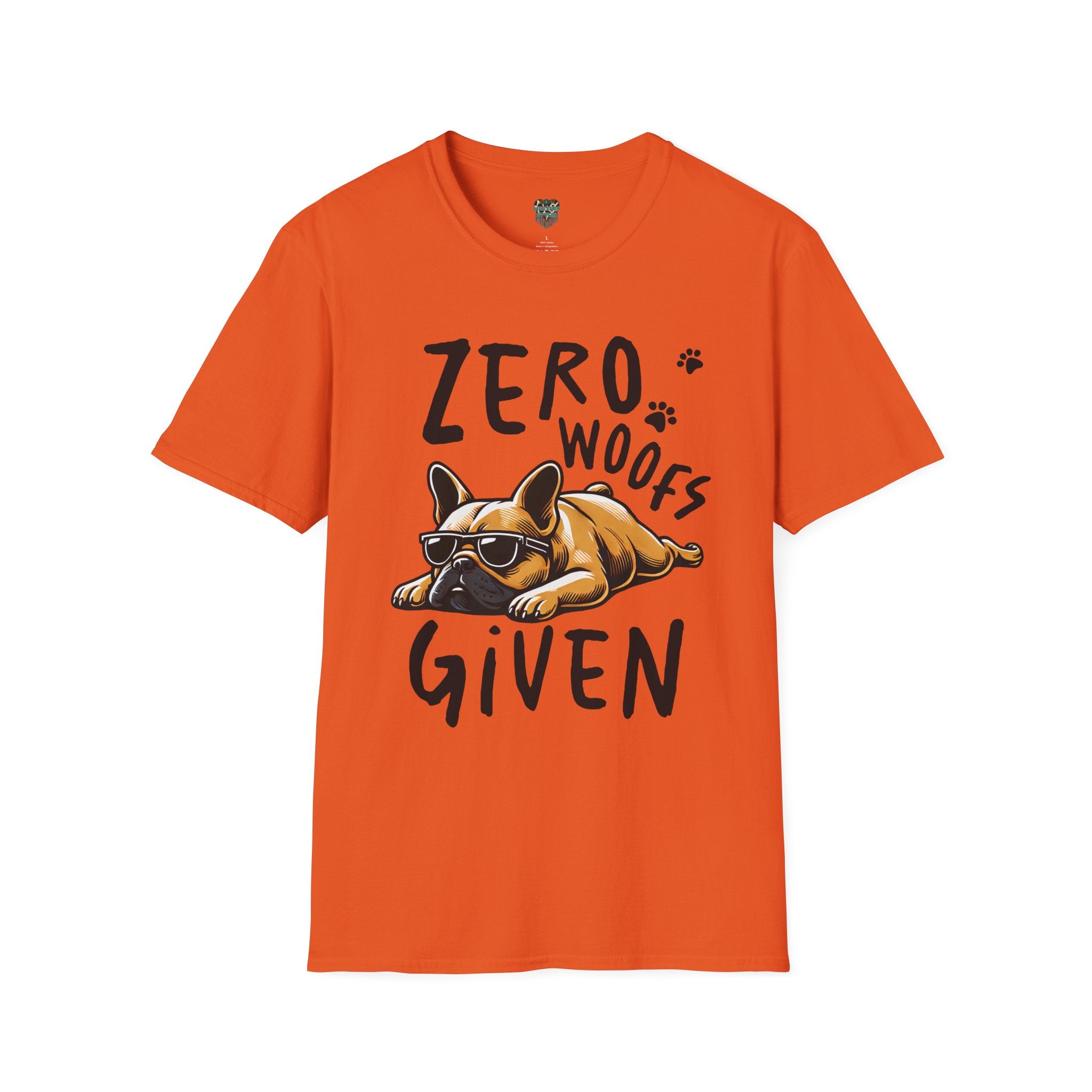 Orange t-shirt with a dog graphic and text 'Zero Woofs Given' on a white background