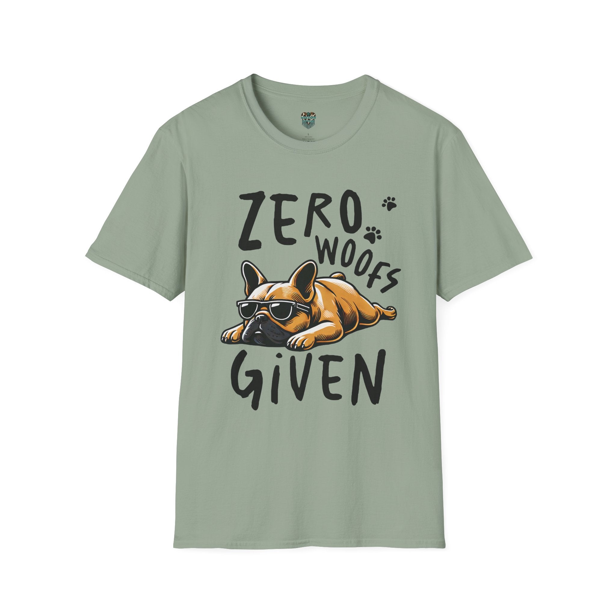 Light green t-shirt with a dog graphic and text 'Zero Woofs Given' on a white background