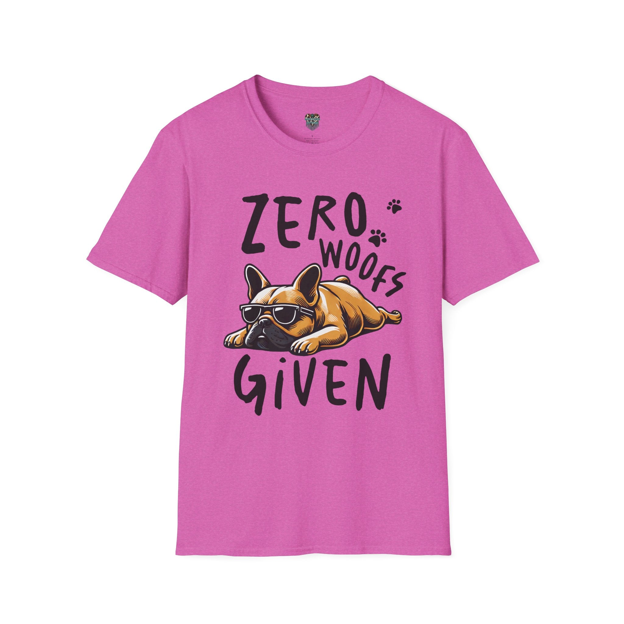 Pink t-shirt with a dog graphic and text 'Zero Woofs Given' on a white background