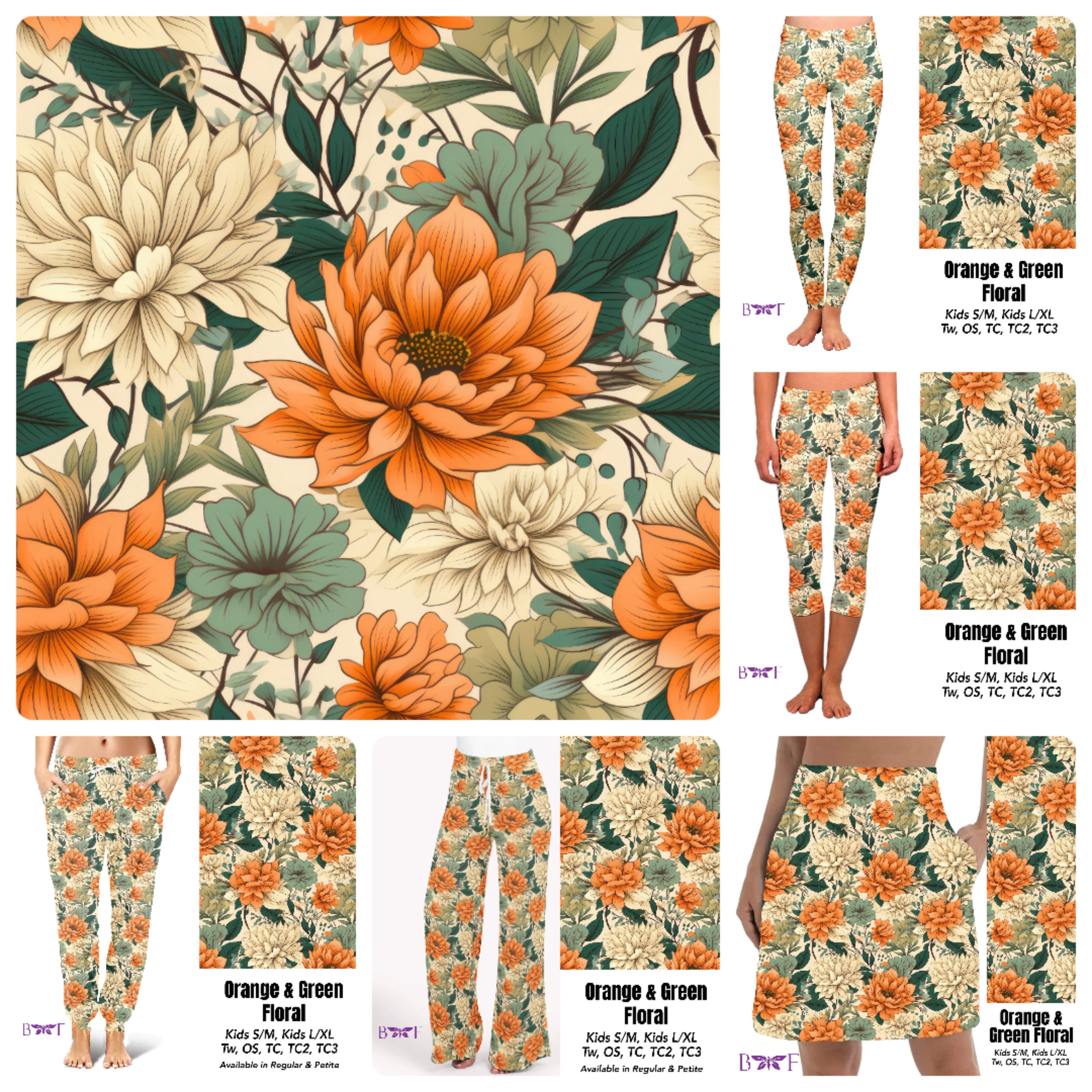 Orange and green floral leggings, capris, and skorts with pockets