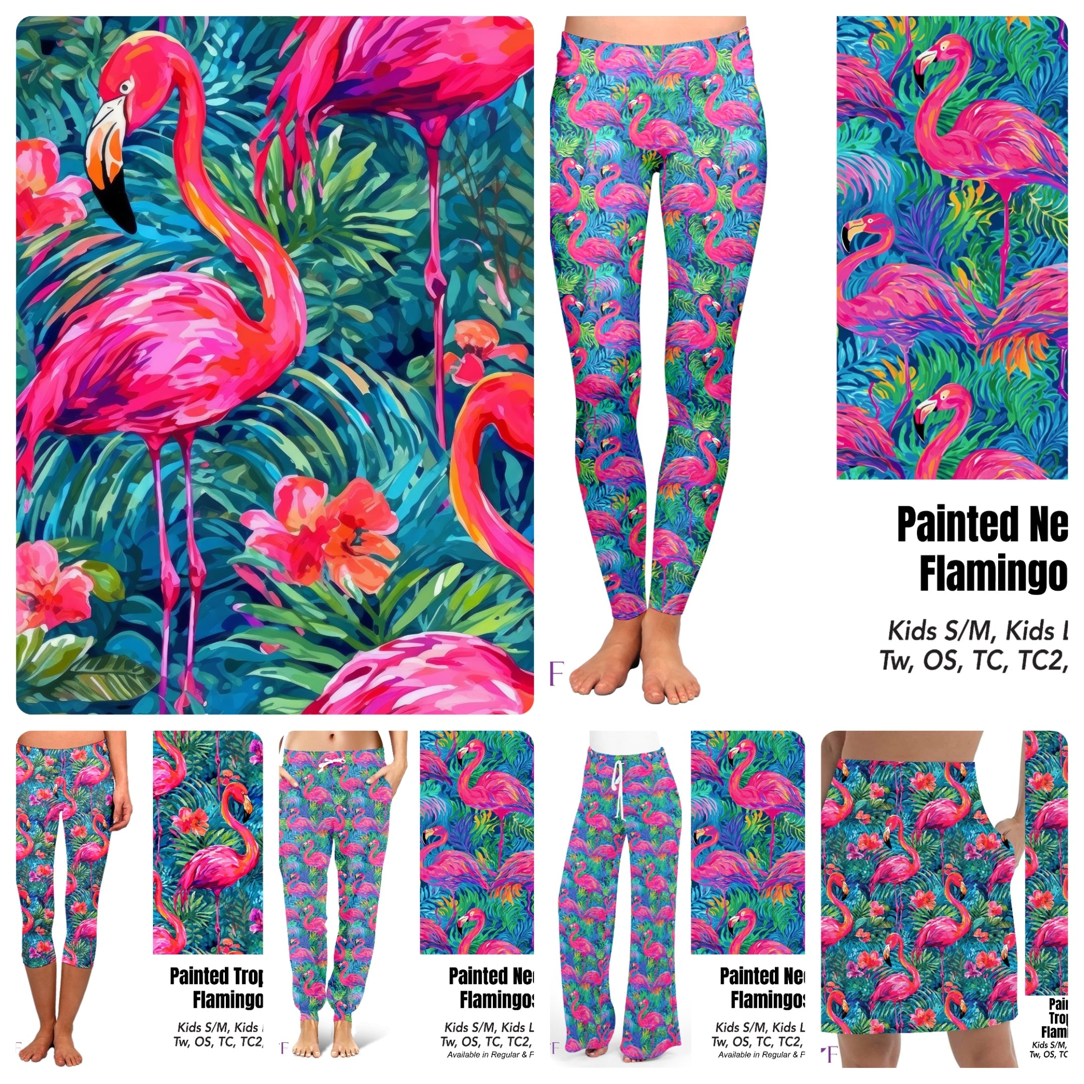 Painted Neon Flamingos leggings, capris, and skorts with pockets