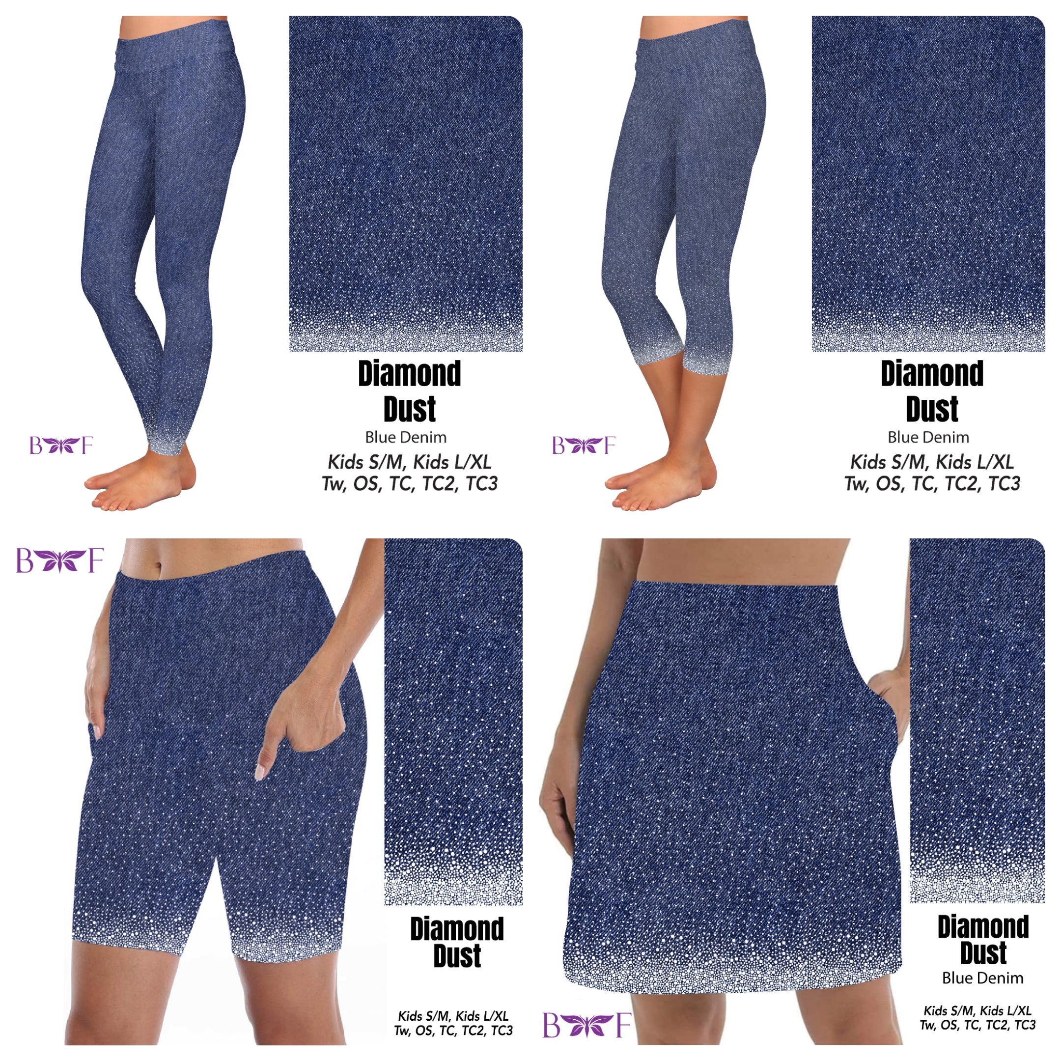 Gemstone Diamond Dust on Faux Blue Denim skorts, leggings, capris and shorts REAL gemstones