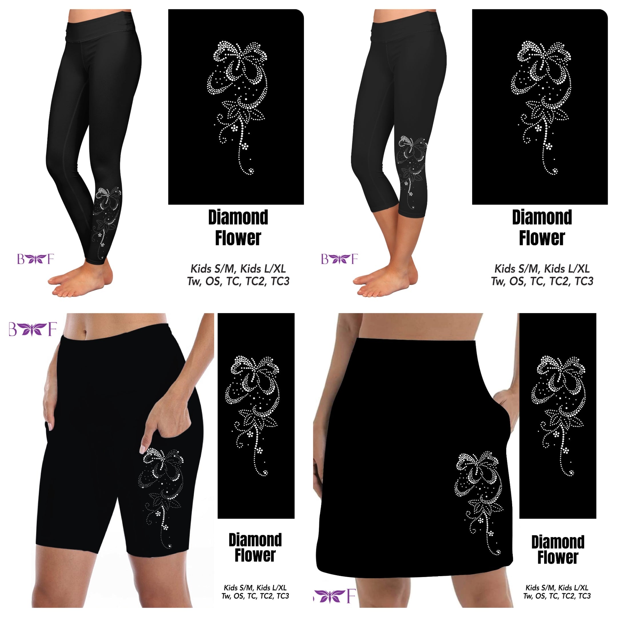 Gemstone Diamond Flower on Solid Black leggings, capris, skorts, and biker shorts with pockets REAL Gemstones!