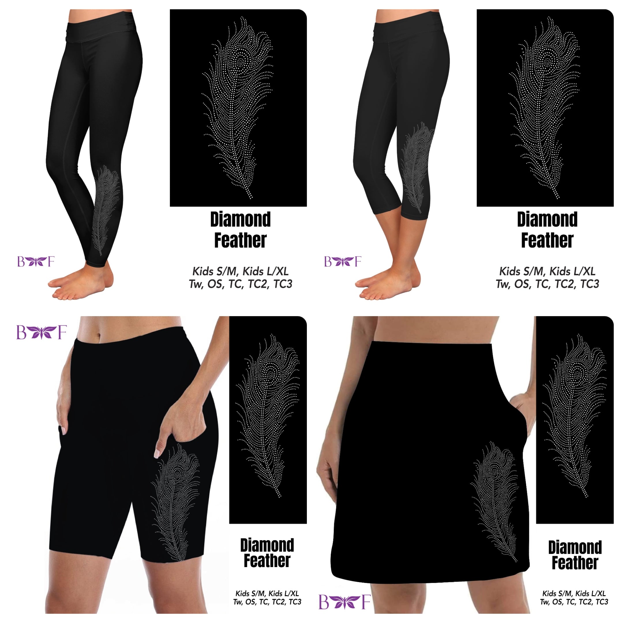 Gemstone Diamond Feather on Solid Black leggings, capris and bike shorts REAL gemstones