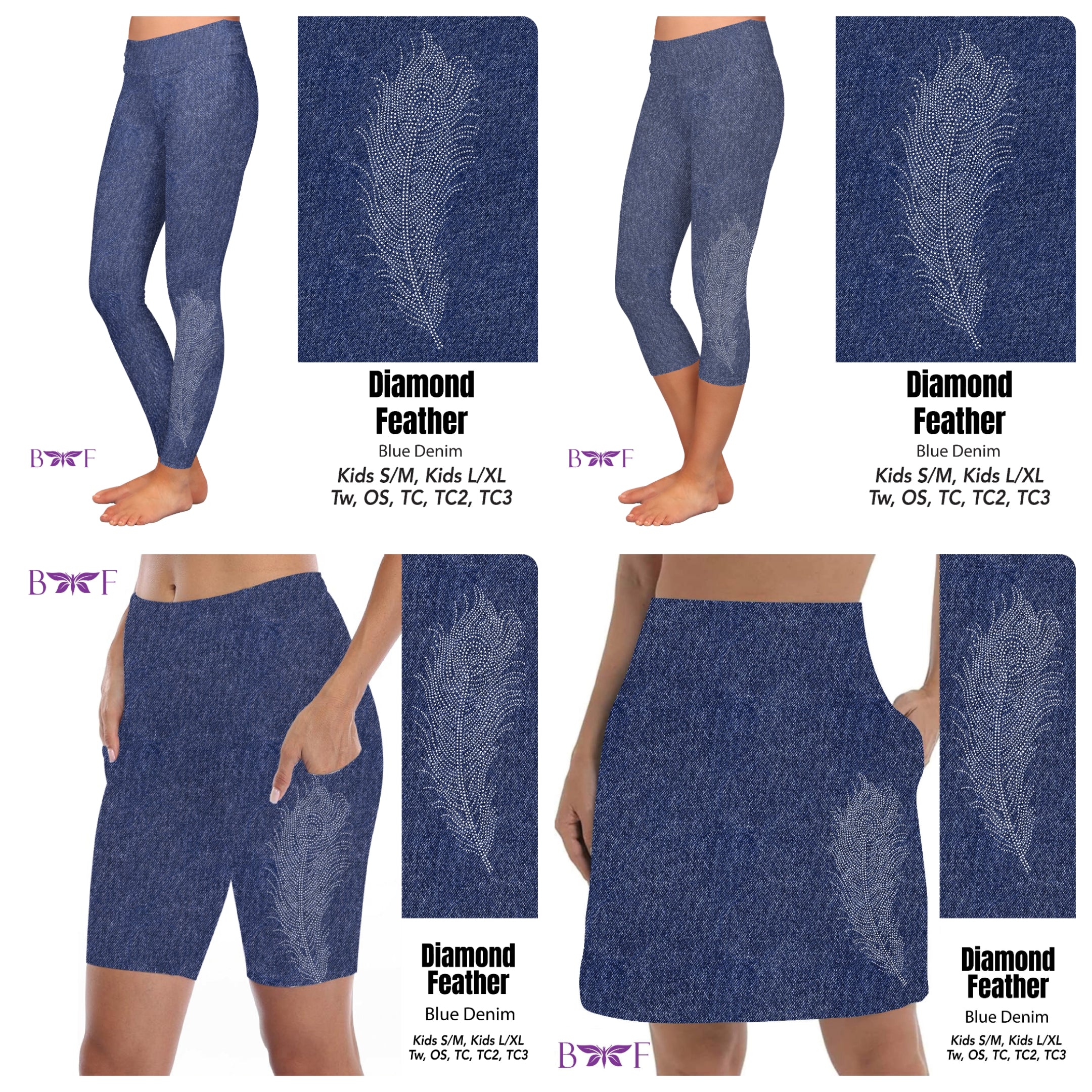 Gemstone Diamond Feather on Faux Blue Denim capris and leggings with pockets REAL gemstones