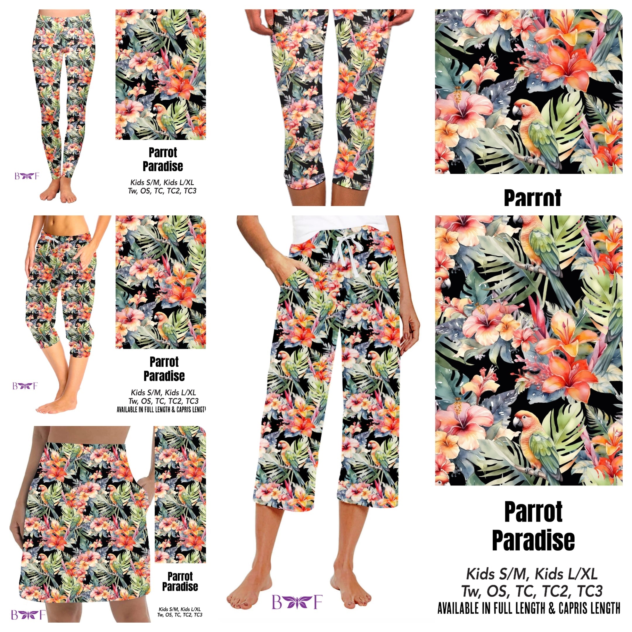 Parrot Paradise skorts, leggings and capris with pockets