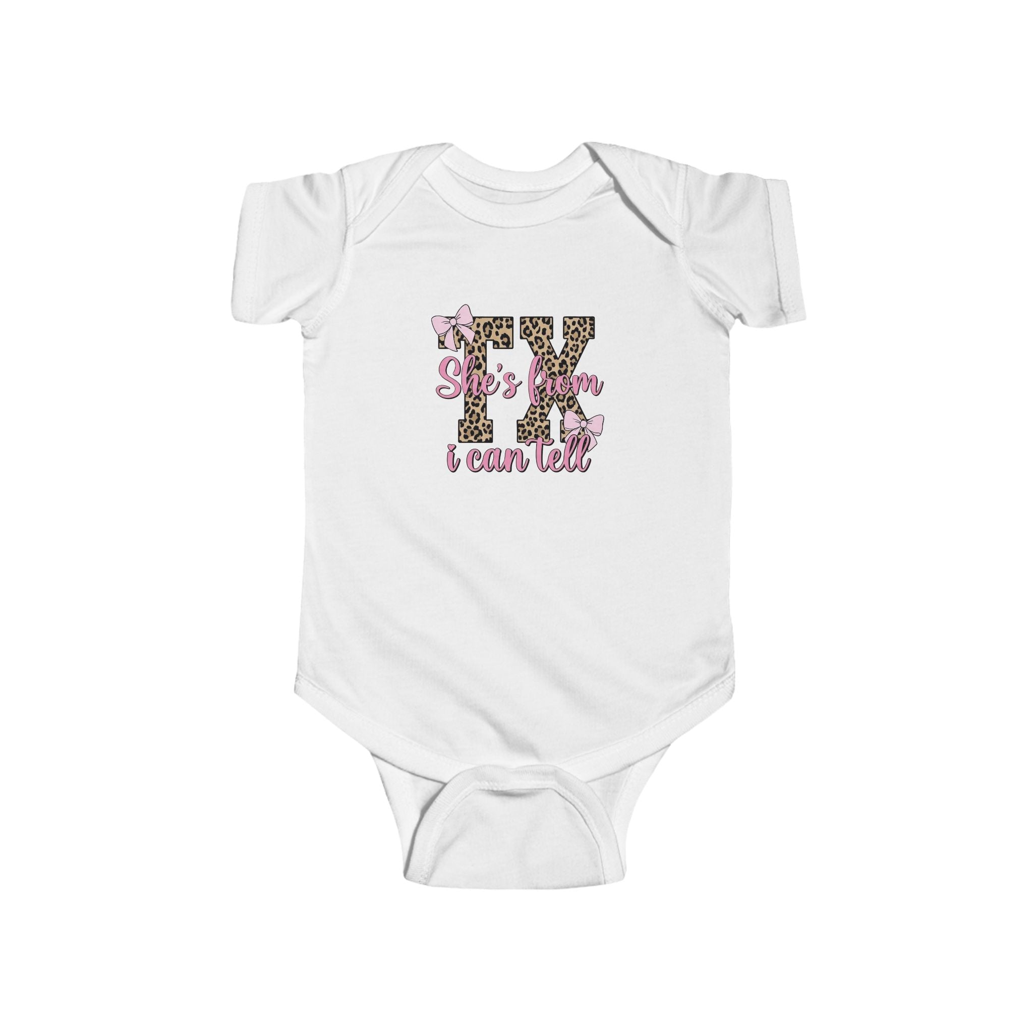 BABY CUSTOM GRAPHIC BODYSUIT - SHE'S FROM TX I CAN TELL LEOPARD AND PINK BOWS INFANT ONESIE Kids clothes