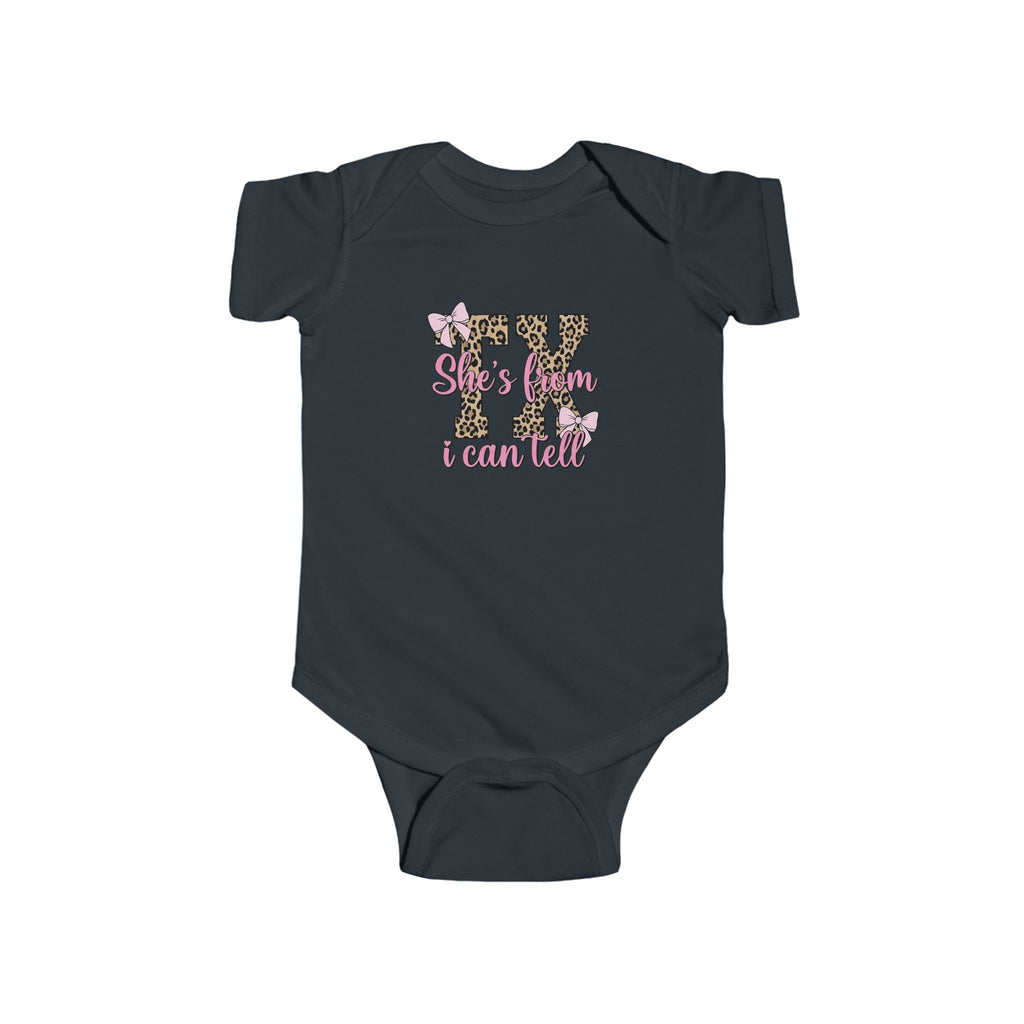 BABY CUSTOM GRAPHIC BODYSUIT - SHE'S FROM TX I CAN TELL LEOPARD AND PINK BOWS INFANT ONESIE Kids clothes