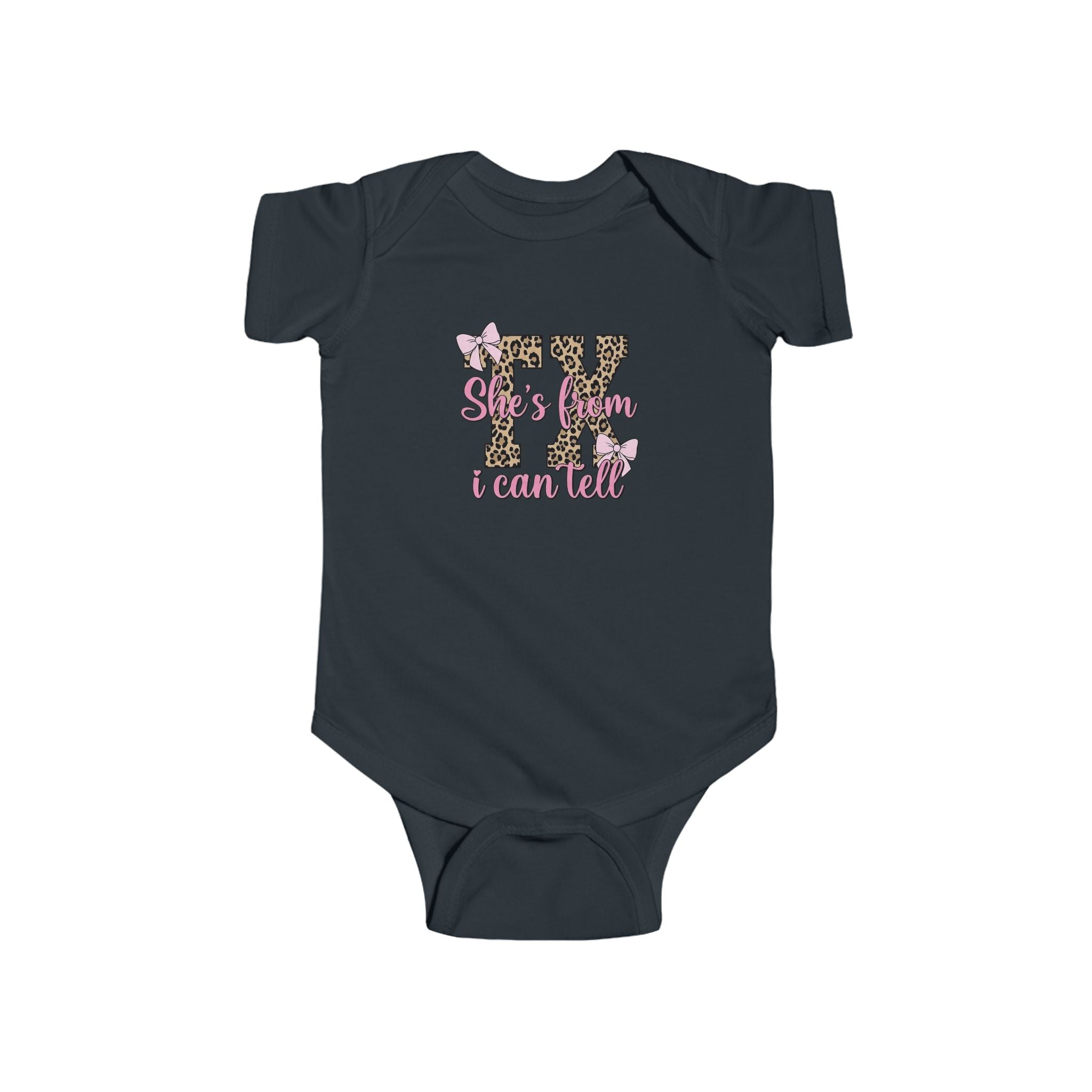 BABY CUSTOM GRAPHIC BODYSUIT - SHE'S FROM TX I CAN TELL LEOPARD AND PINK BOWS INFANT ONESIE Kids clothes