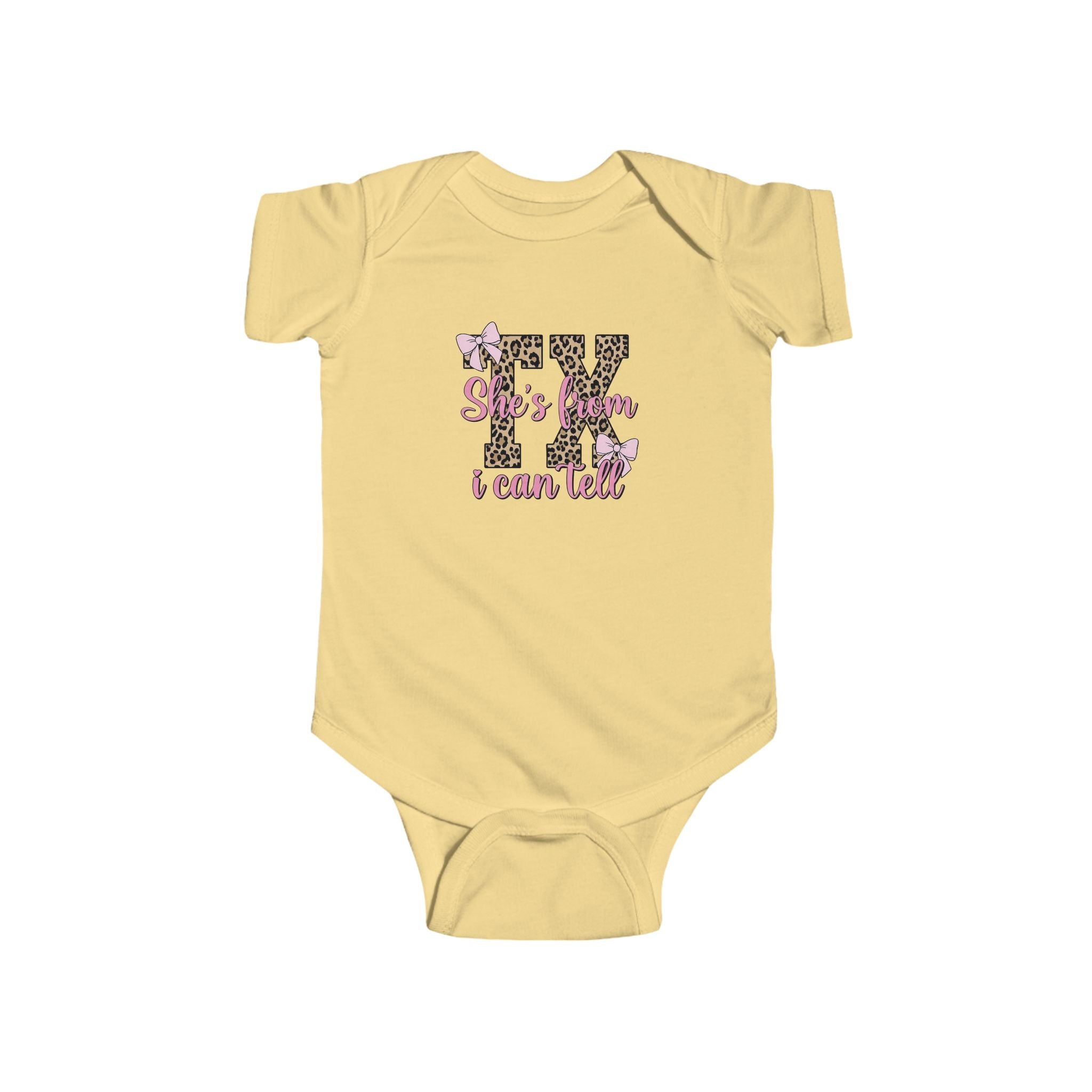 BABY CUSTOM GRAPHIC BODYSUIT - SHE'S FROM TX I CAN TELL LEOPARD AND PINK BOWS INFANT ONESIE Kids clothes
