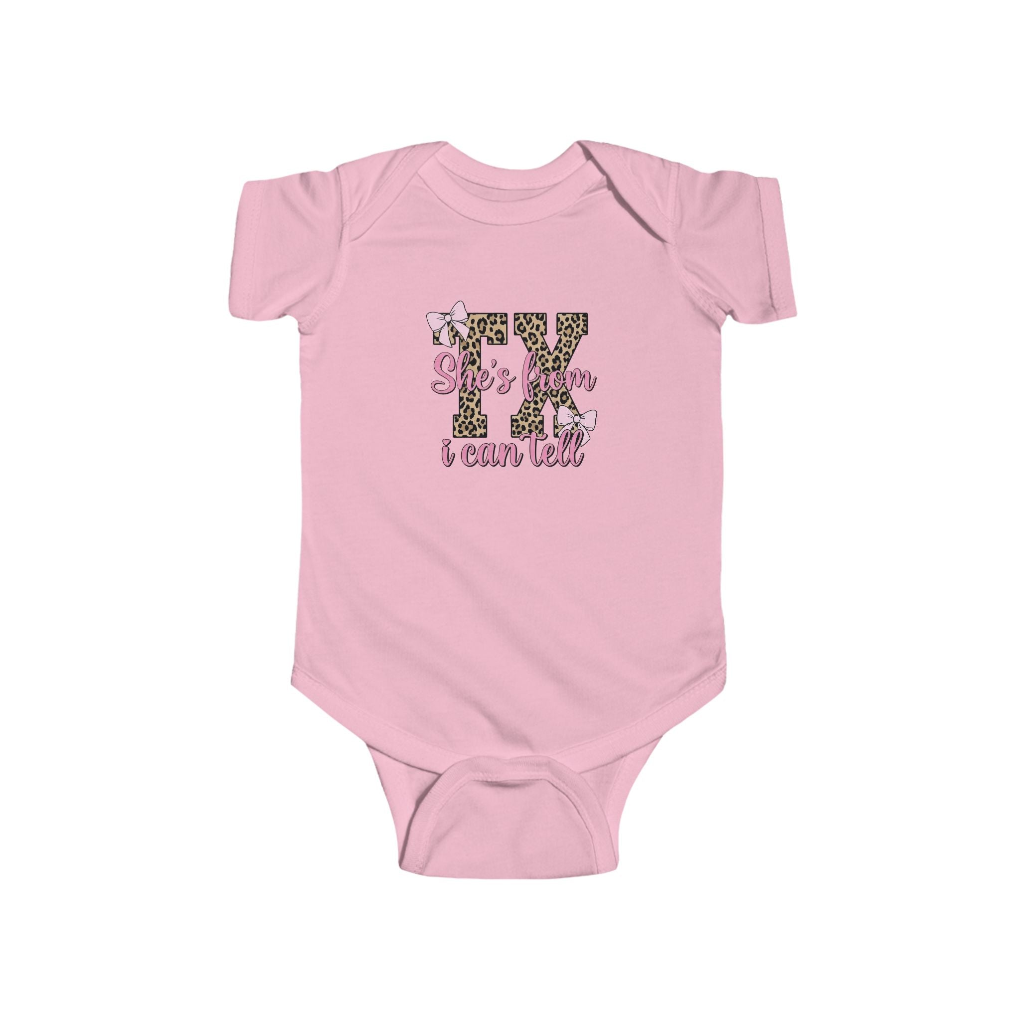 BABY CUSTOM GRAPHIC BODYSUIT - SHE'S FROM TX I CAN TELL LEOPARD AND PINK BOWS INFANT ONESIE Kids clothes