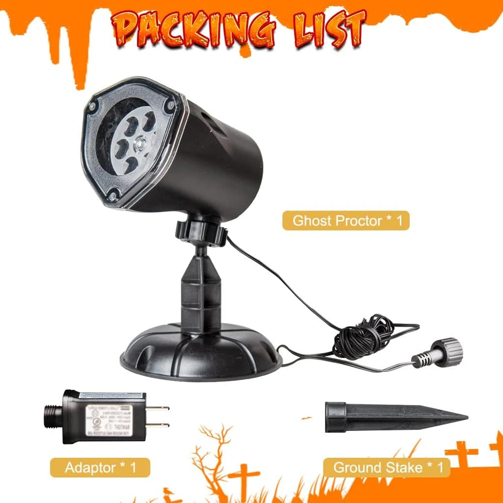 Halloween ghost projector kit with a black cylindrical projector head on a stand, included with an adapter and ground stake, labeled on a white background with orange 'PACKING LIST' text and Halloween-themed graphics.