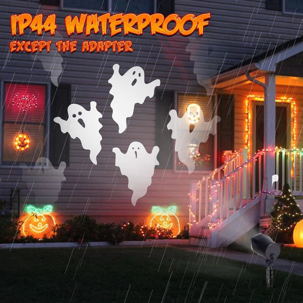 IP44 waterproof ghost window decals displayed on a house exterior during a rainstorm, with orange text reading 'IP44 WATERPROOF EXCEPT THE ADAPTER' at the top.
