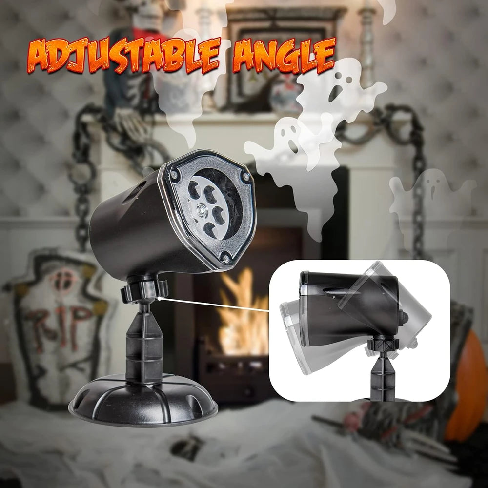 A black adjustable projector lamp or light fixture on a stand, shown with ghost graphics and the text 'ADJUSTABLE ANGLE' over a Halloween-themed fireplace background. An inset diagram on the right shows the adjustable head.